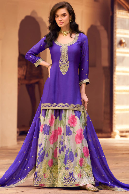 Cobalt Blue Readymade Embroidered Chinon Silk Sharara Suit-SAR10505_1_SareeButa.com