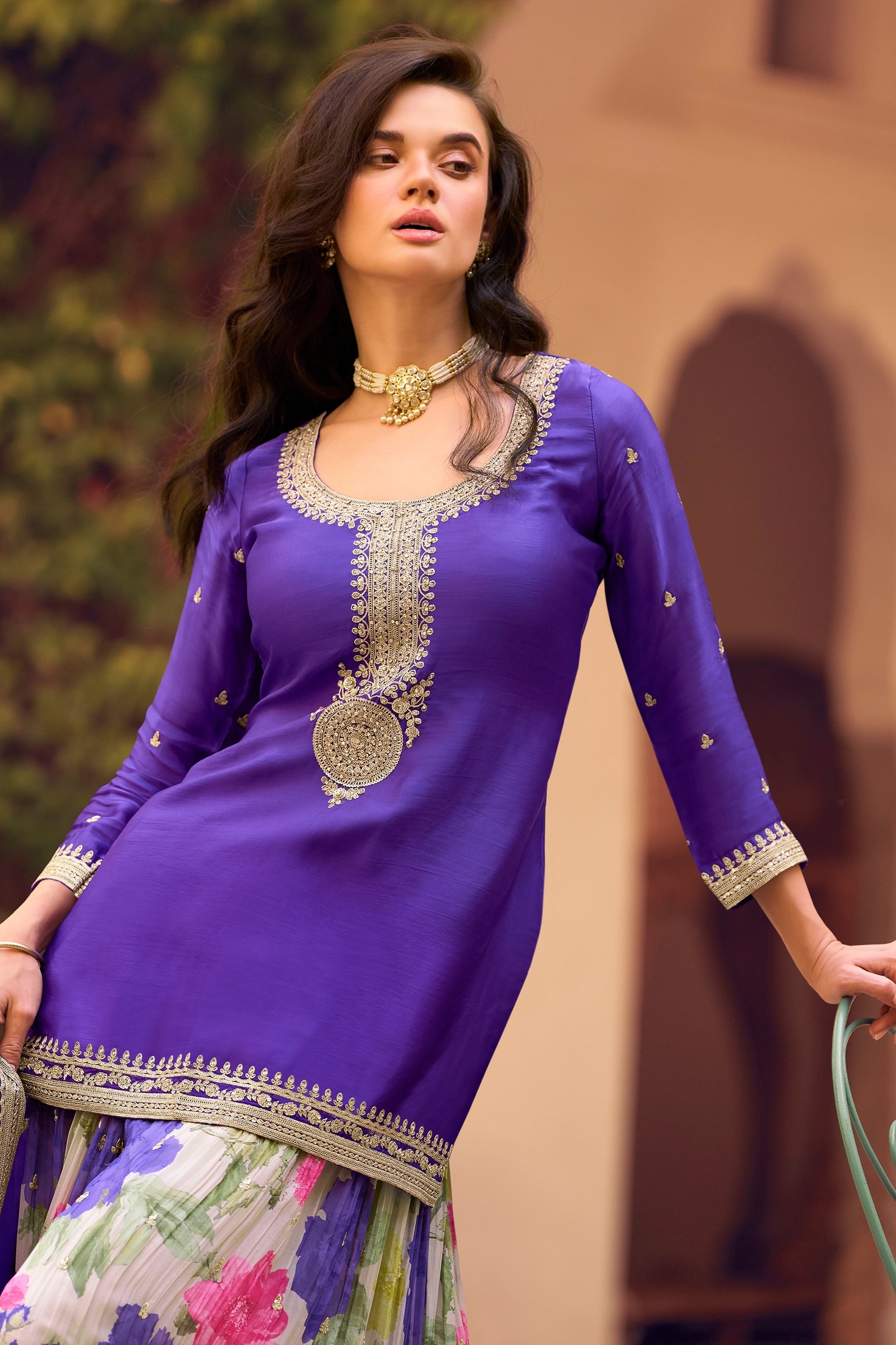 Cobalt Blue Readymade Embroidered Chinon Silk Sharara Suit-SAR10505_2_SareeButa.com