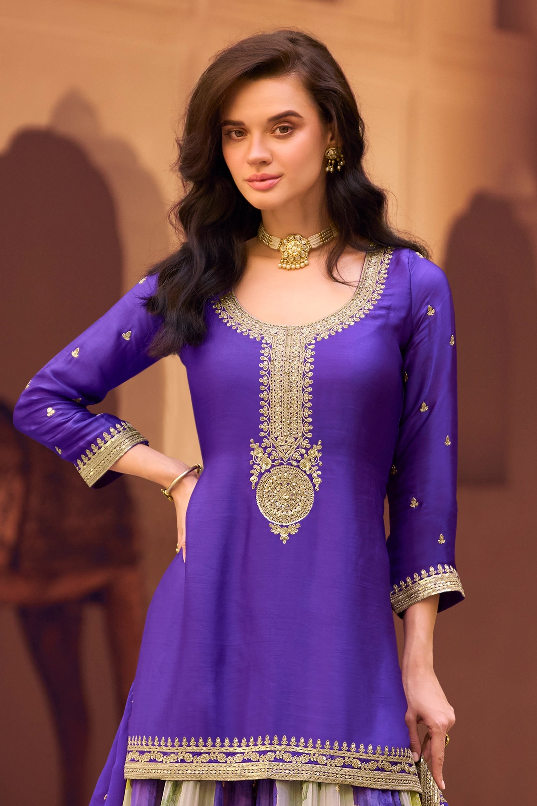 Cobalt Blue Readymade Embroidered Chinon Silk Sharara Suit-SAR10505_3_SareeButa.com