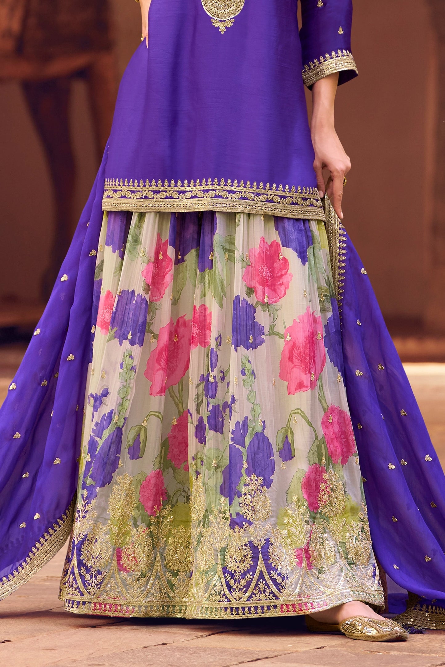 Cobalt Blue Readymade Embroidered Chinon Silk Sharara Suit-SAR10505_4_SareeButa.com