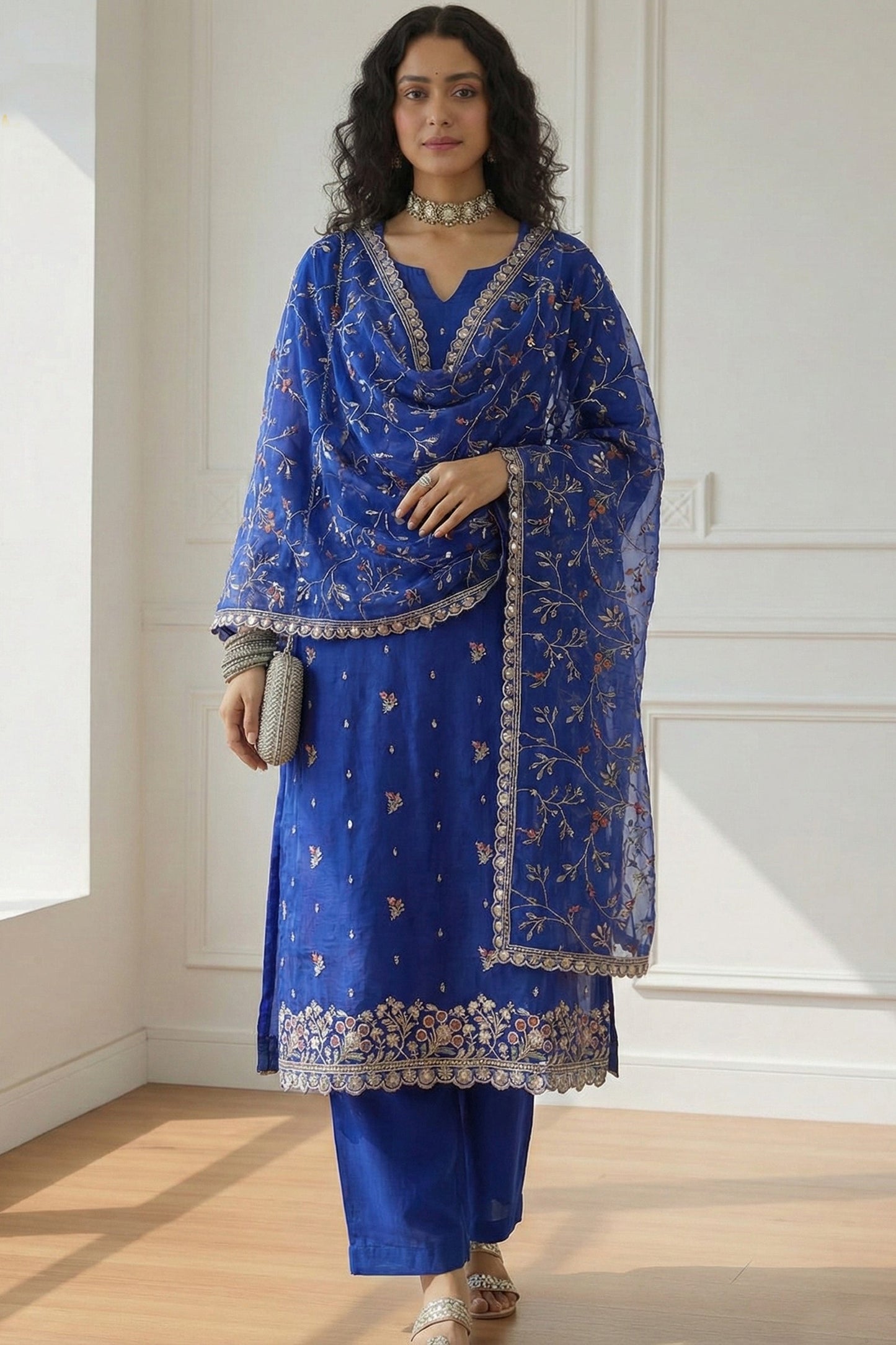 Cobalt Blue Readymade Embroidered Organza Suit-SAR11638_1_SareeButa.com