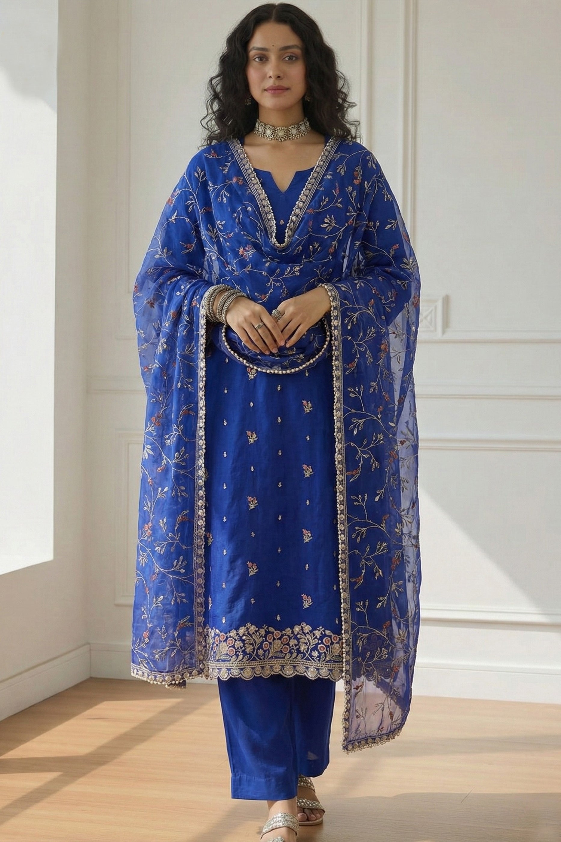 Cobalt Blue Readymade Embroidered Organza Suit-SAR11638_2_SareeButa.com