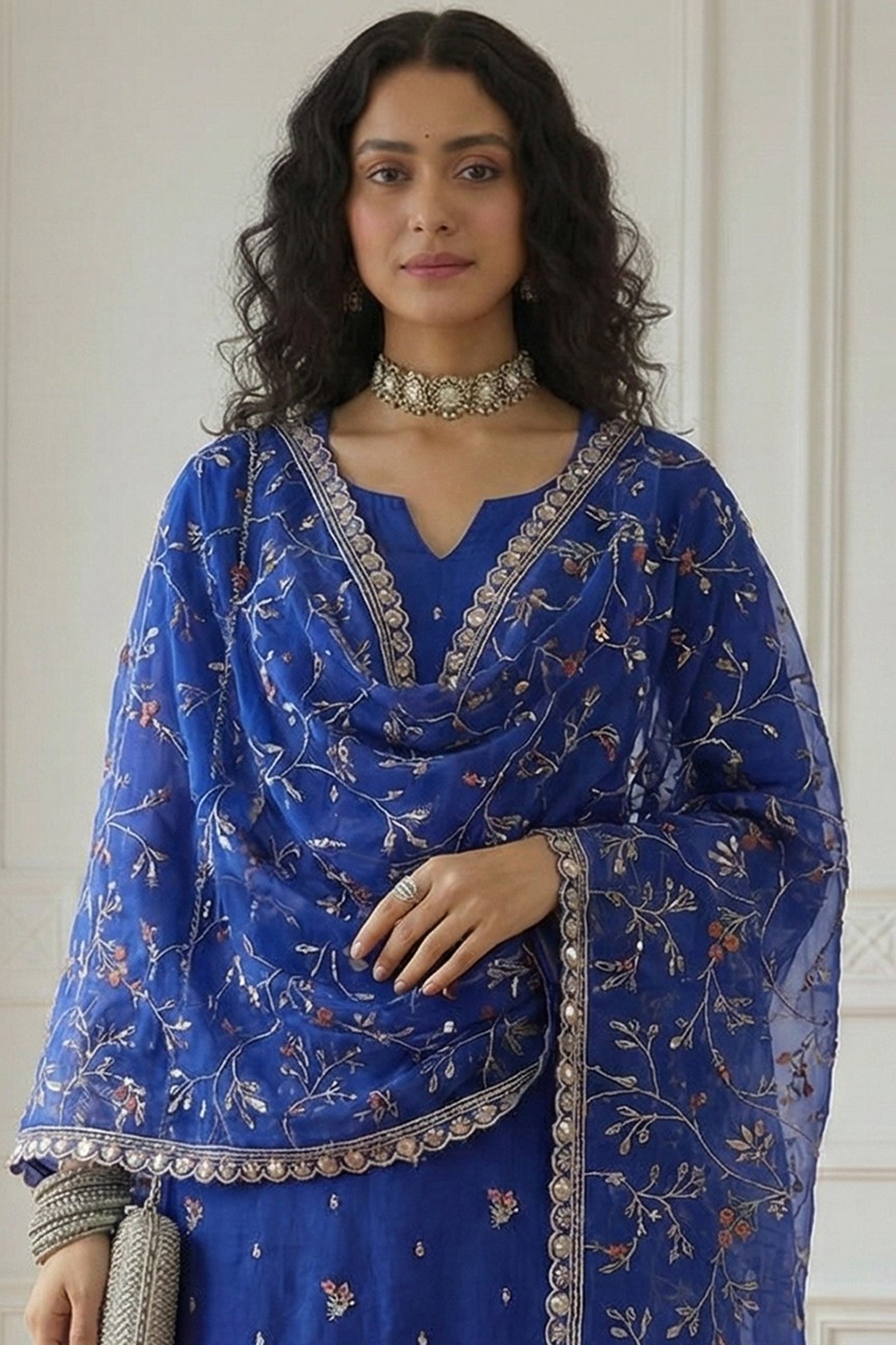 Cobalt Blue Readymade Embroidered Organza Suit-SAR11638_3_SareeButa.com