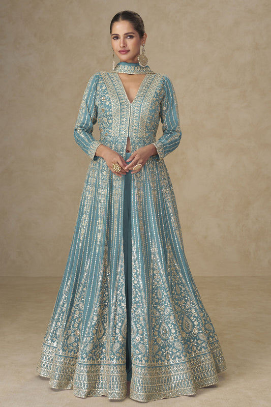 Cool Blue Readymade Embroidered Chinon Palazzo Suit-SS951_1_SareeButa.com