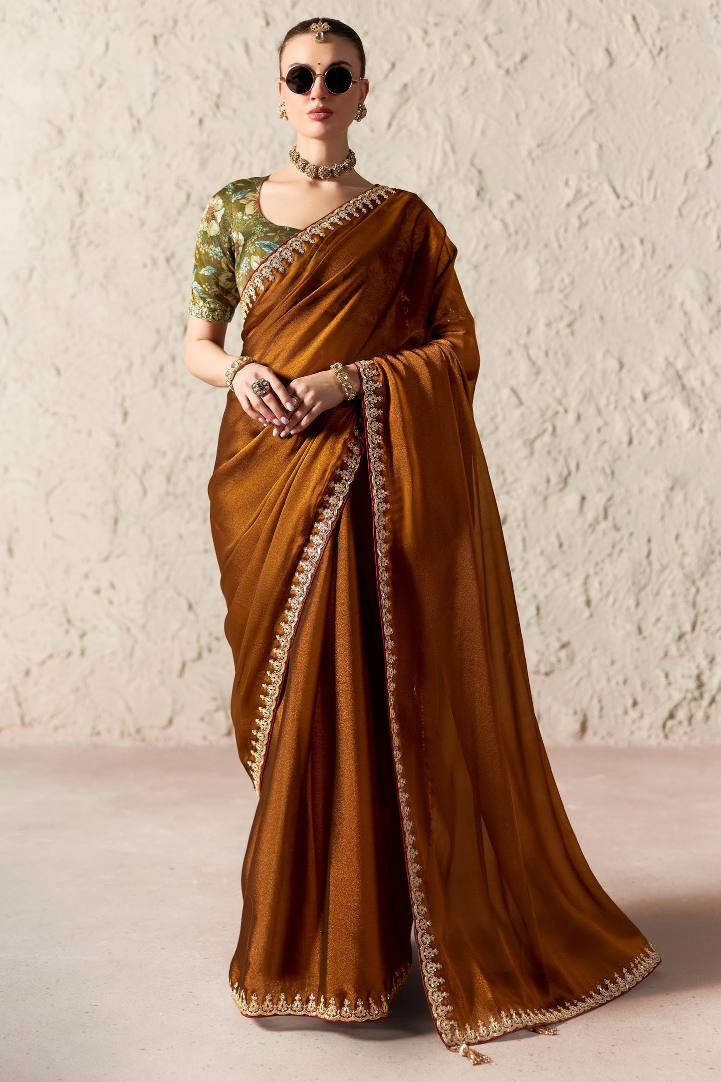 Copper Brown Embroidered Tissue Organza Saree-SAR12789_1_SareeButa.com