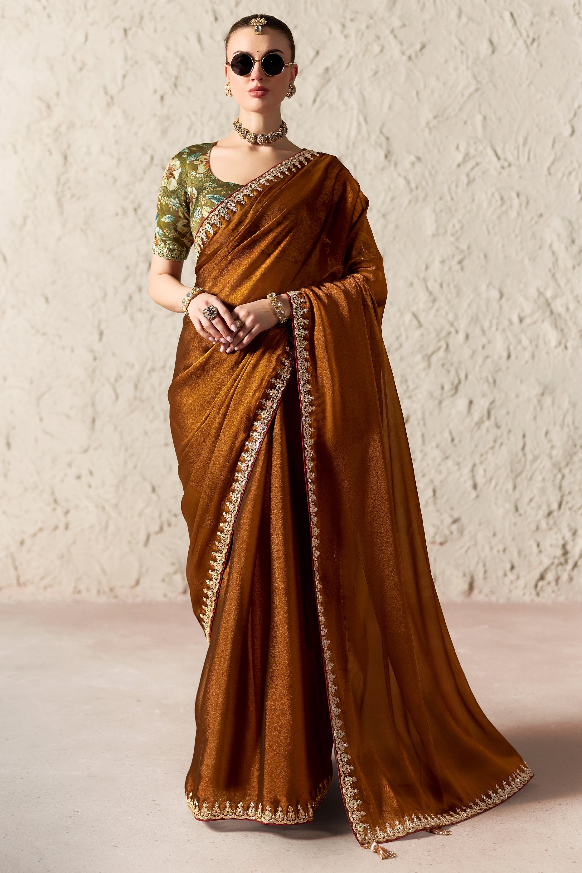 Copper Brown Embroidered Tissue Organza Saree-SAR12789_1_SareeButa.com
