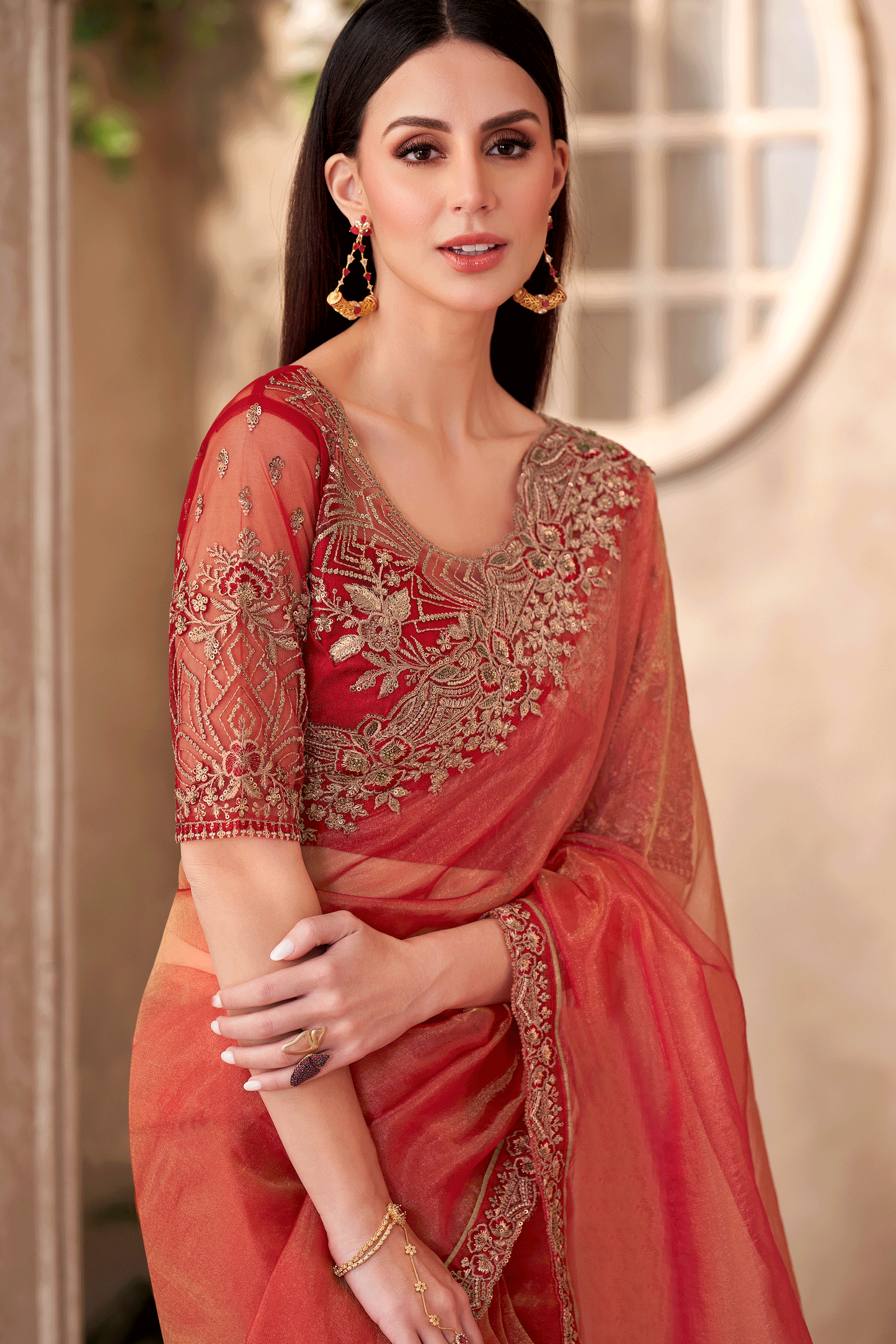 Coral Embroidered Tissue Saree-ZB134916_2_SareeButa.com