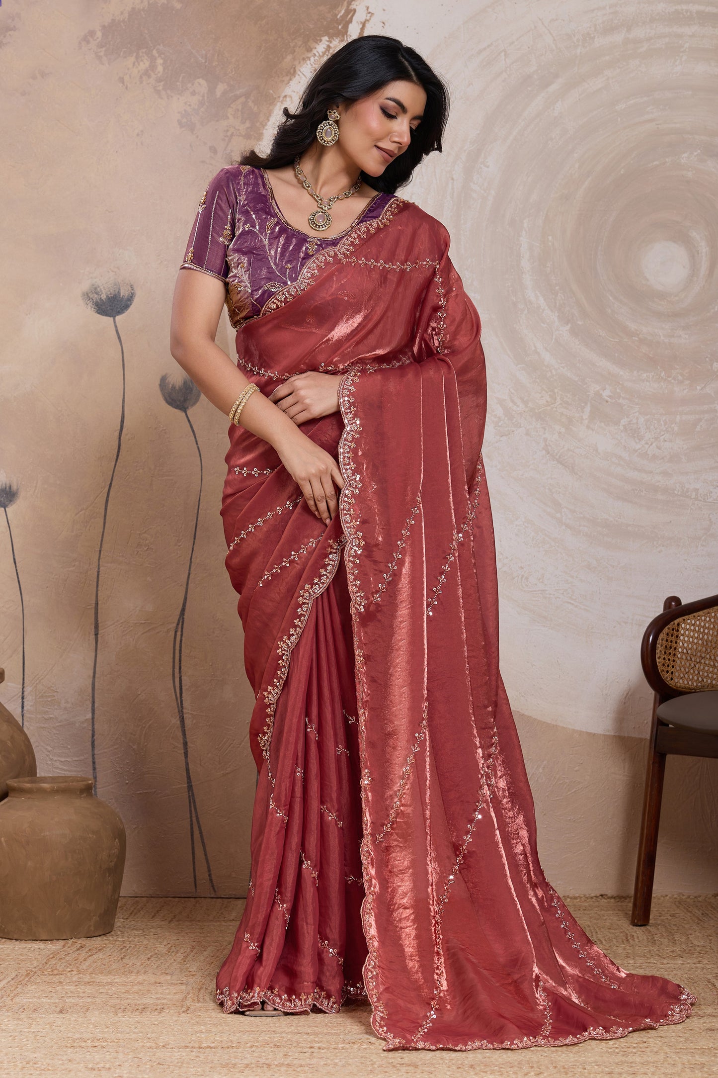 Coral Embroidered Satin Saree-SAR11784_1_SareeButa.com