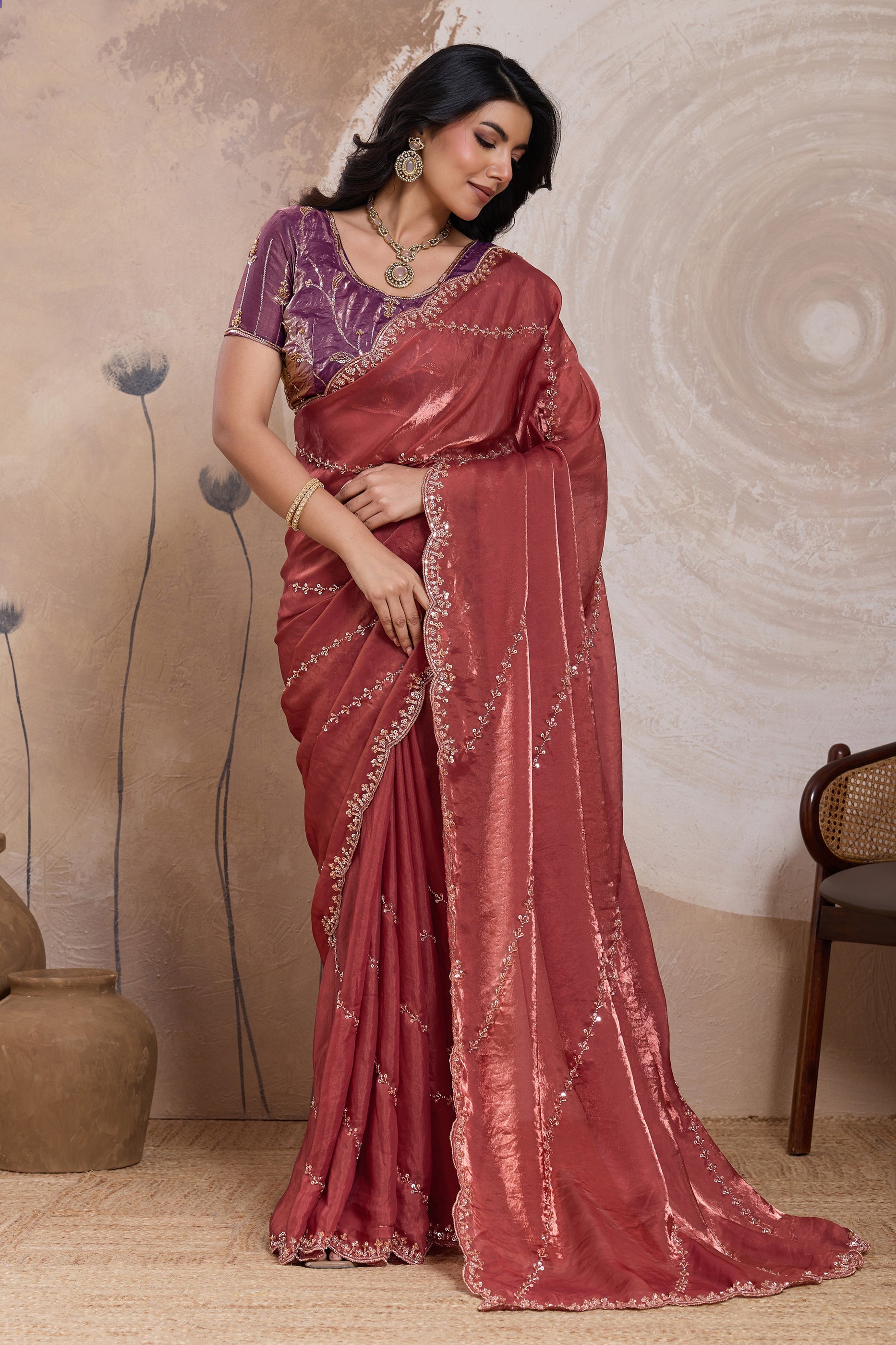 Coral Embroidered Satin Saree-SAR11784_1_SareeButa.com