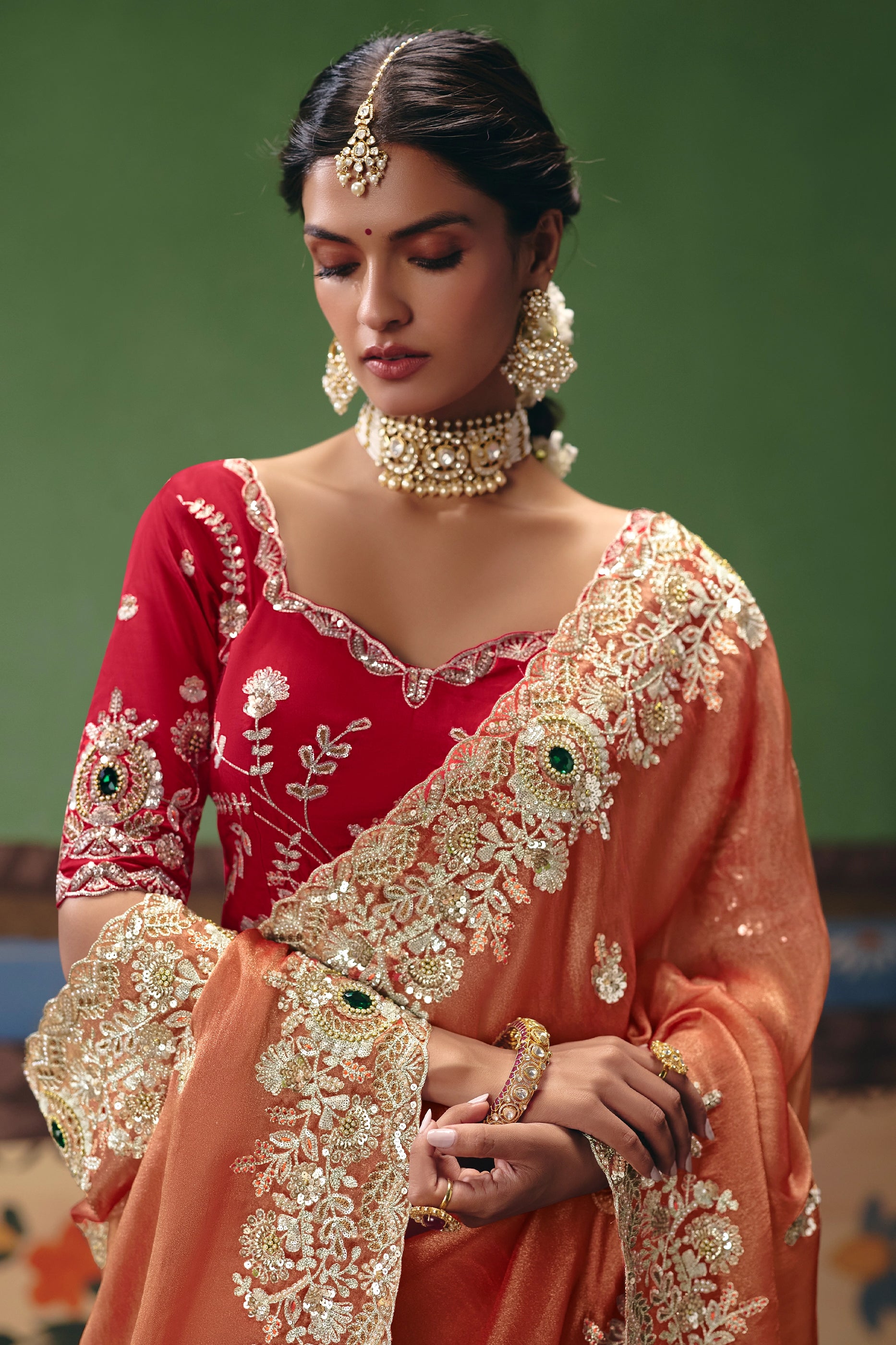 Coral Peach Embroidered Organza Silk Saree-SAR12259_2_SareeButa.com