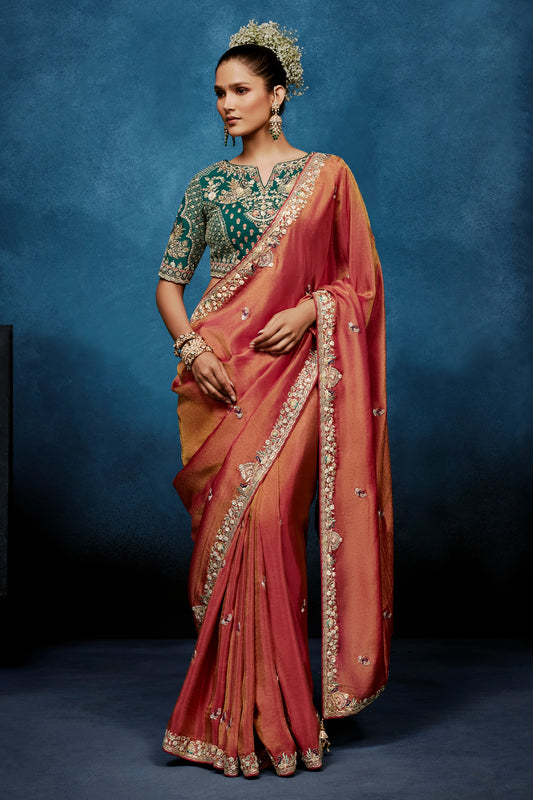 Coral Peach Embroidered Organza Silk Saree-SAR12598_1_SareeButa.com