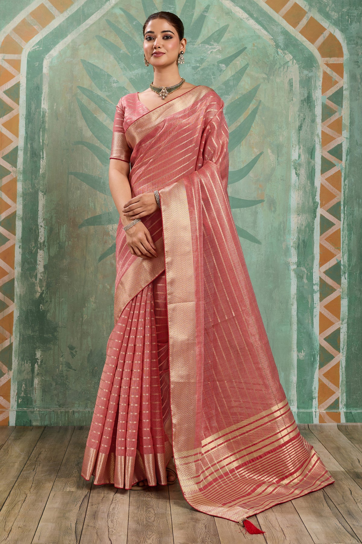 Coral Pink Woven Cotton Tissue Saree-SAR12935_1_SareeButa.com