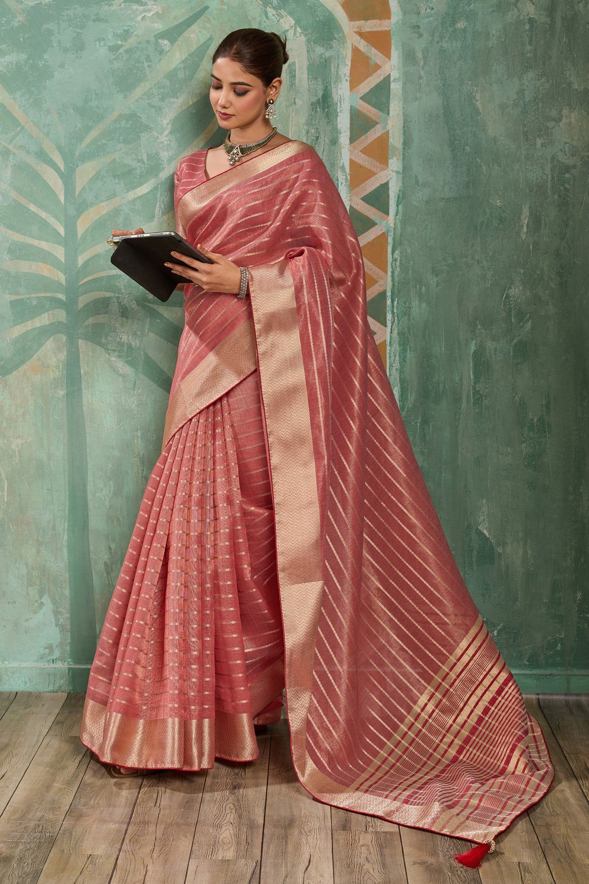 Coral Pink Woven Cotton Tissue Saree-SAR12935_3_SareeButa.com