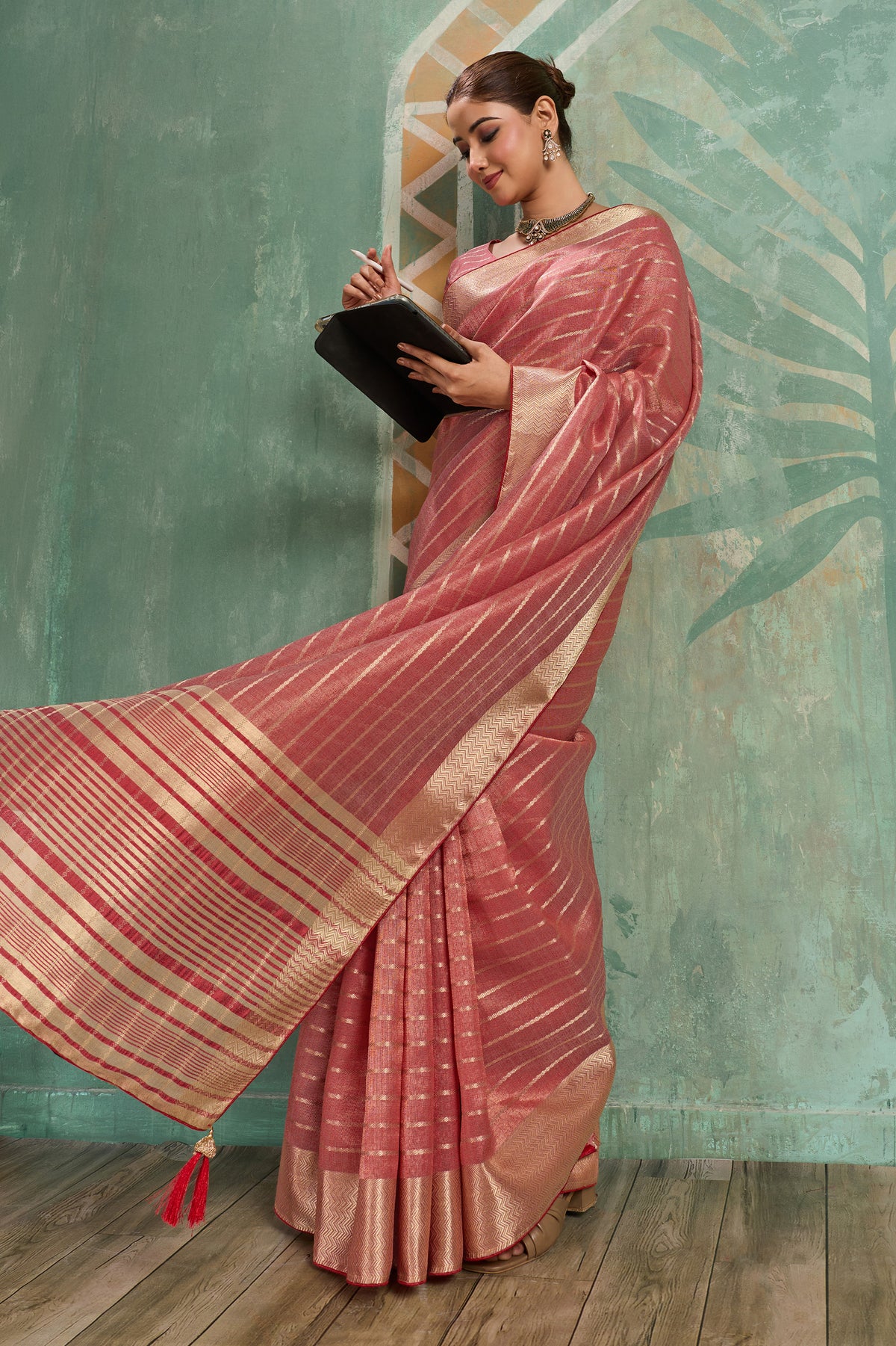 Coral Pink Woven Cotton Tissue Saree-SAR12935_4_SareeButa.com