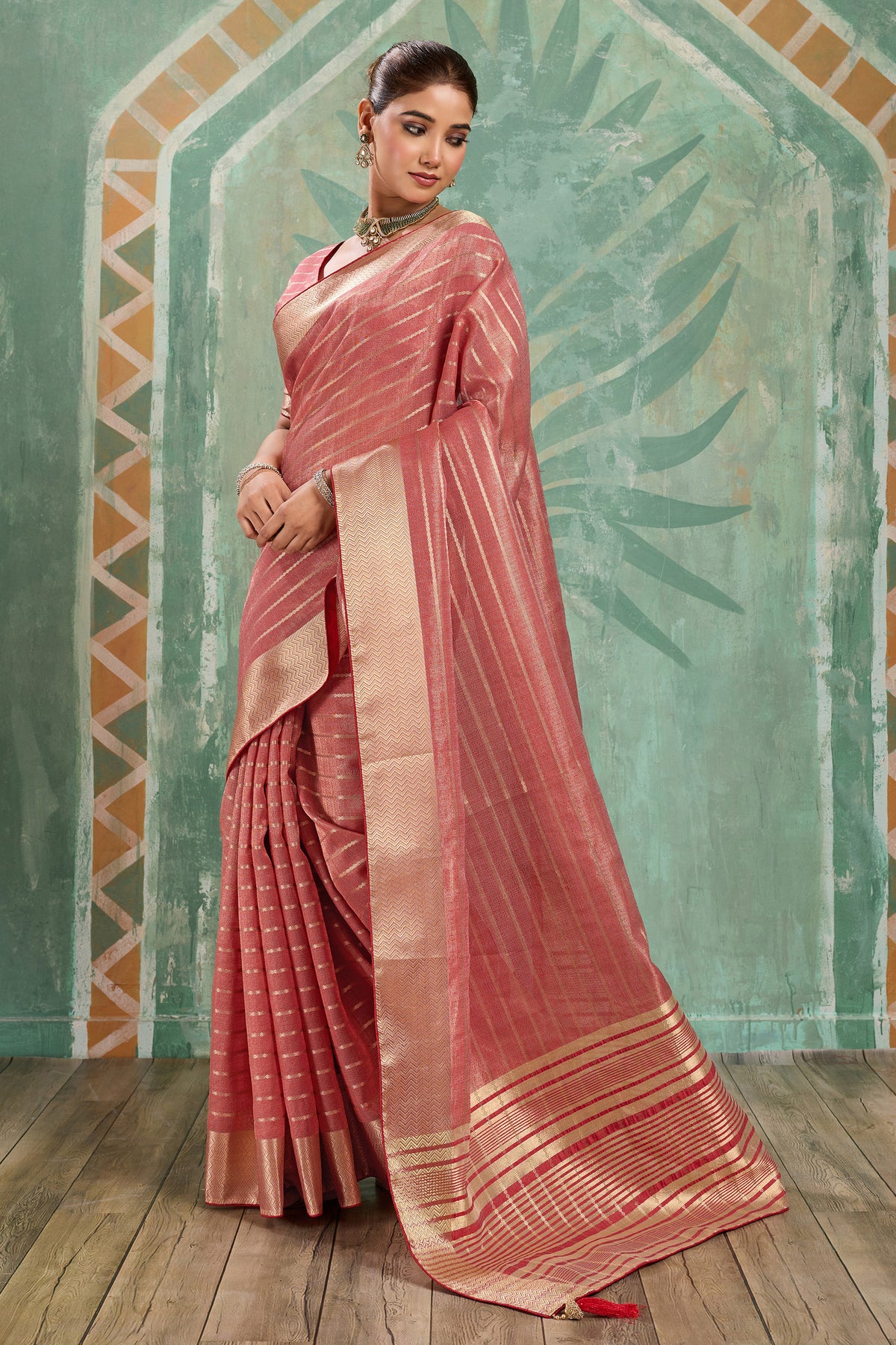 Coral Pink Woven Cotton Tissue Saree-SAR12935_5_SareeButa.com