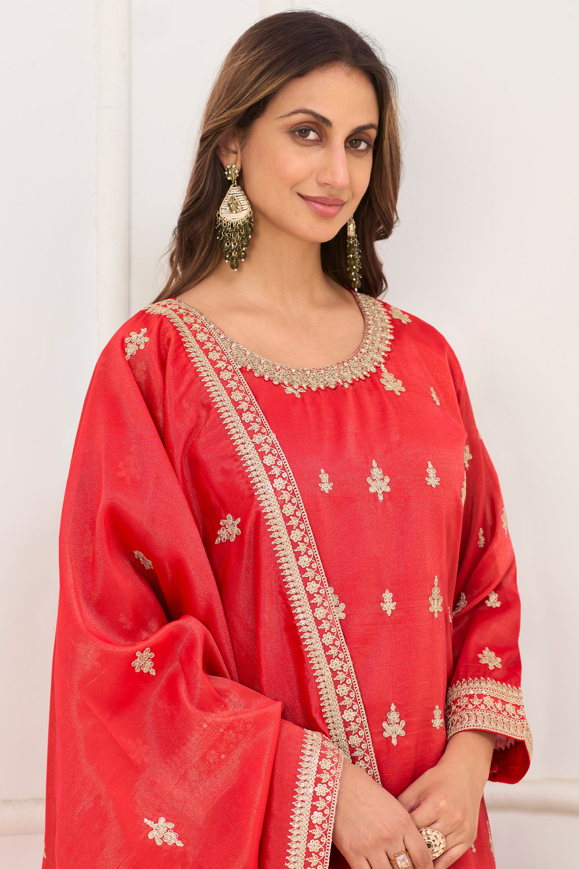 Coral Red Readymade Embroidered Simar Silk Suit-SAR12223_2_SareeButa.com