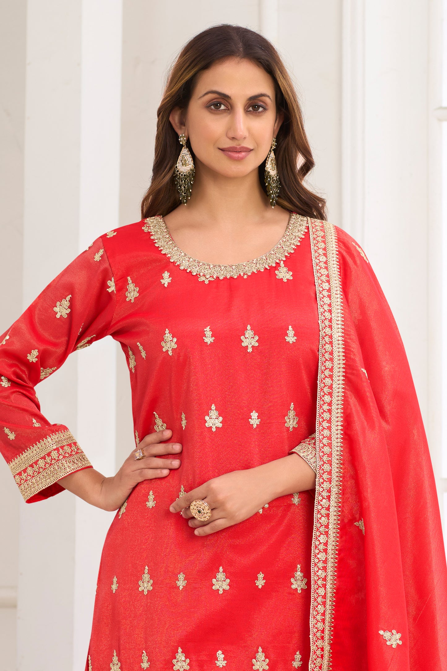 Coral Red Readymade Embroidered Simar Silk Suit-SAR12223_3_SareeButa.com