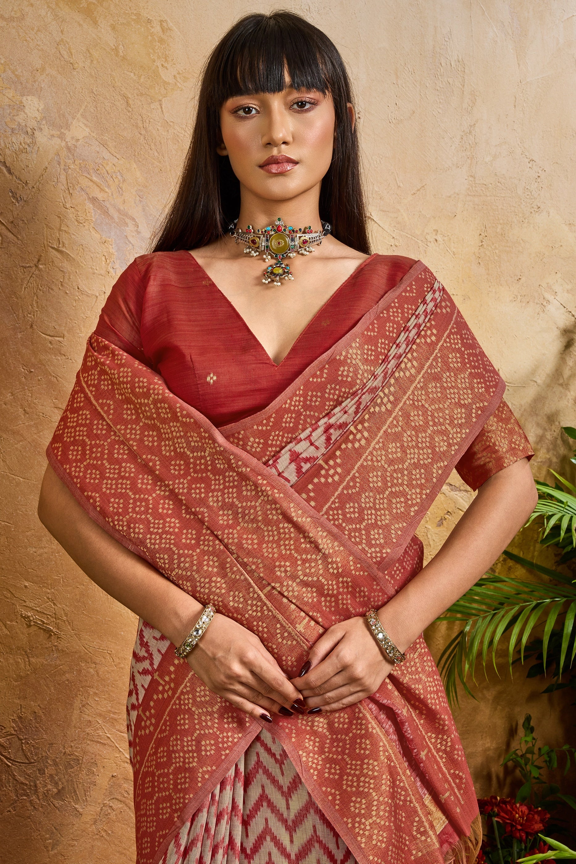 Coral Red Woven Viscose Cotton Saree-SAR12326_2_SareeButa.com