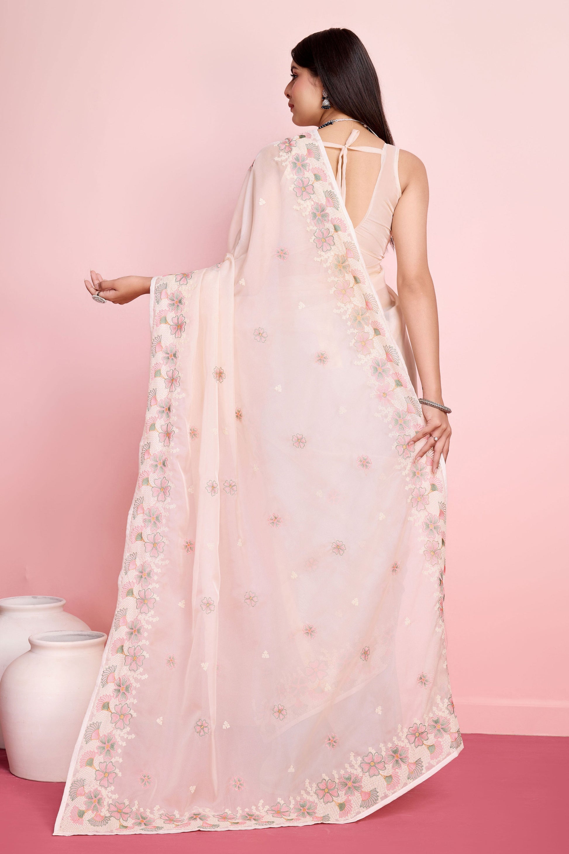 Cream Embroidered Organza Saree-ZB131403_2