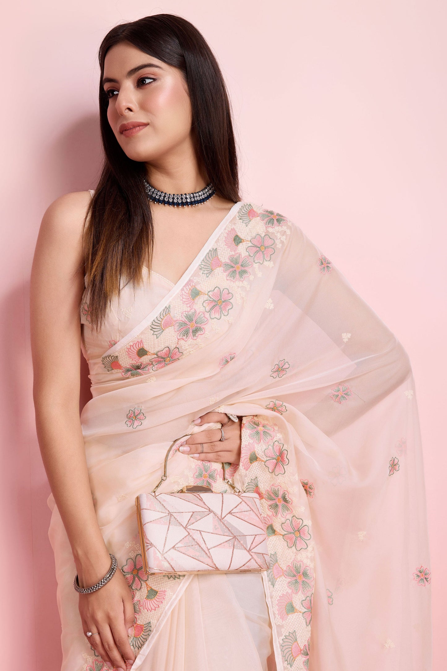 Cream Embroidered Organza Saree-ZB131403_3