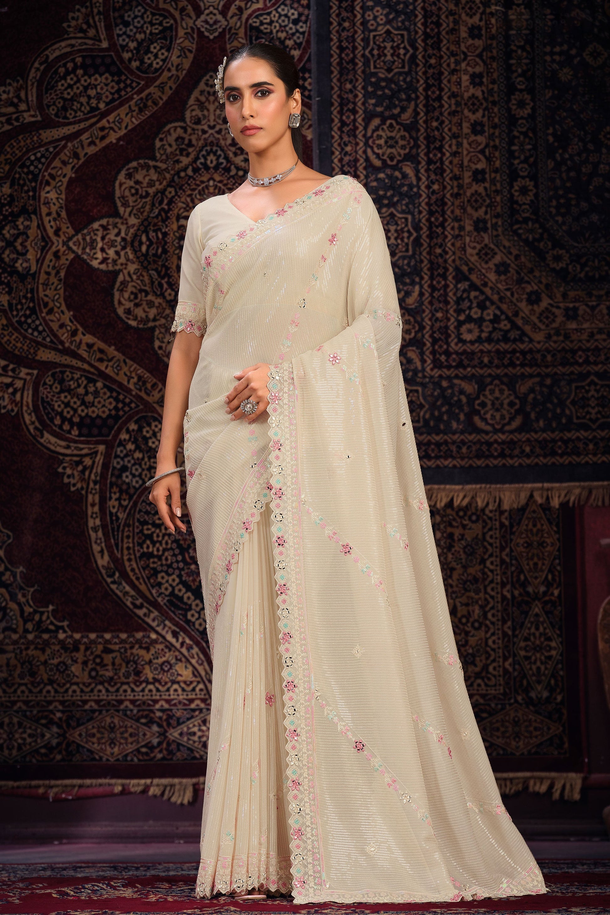 cream-georgette-sequin-saree-zb131770_1_SareeButa.com