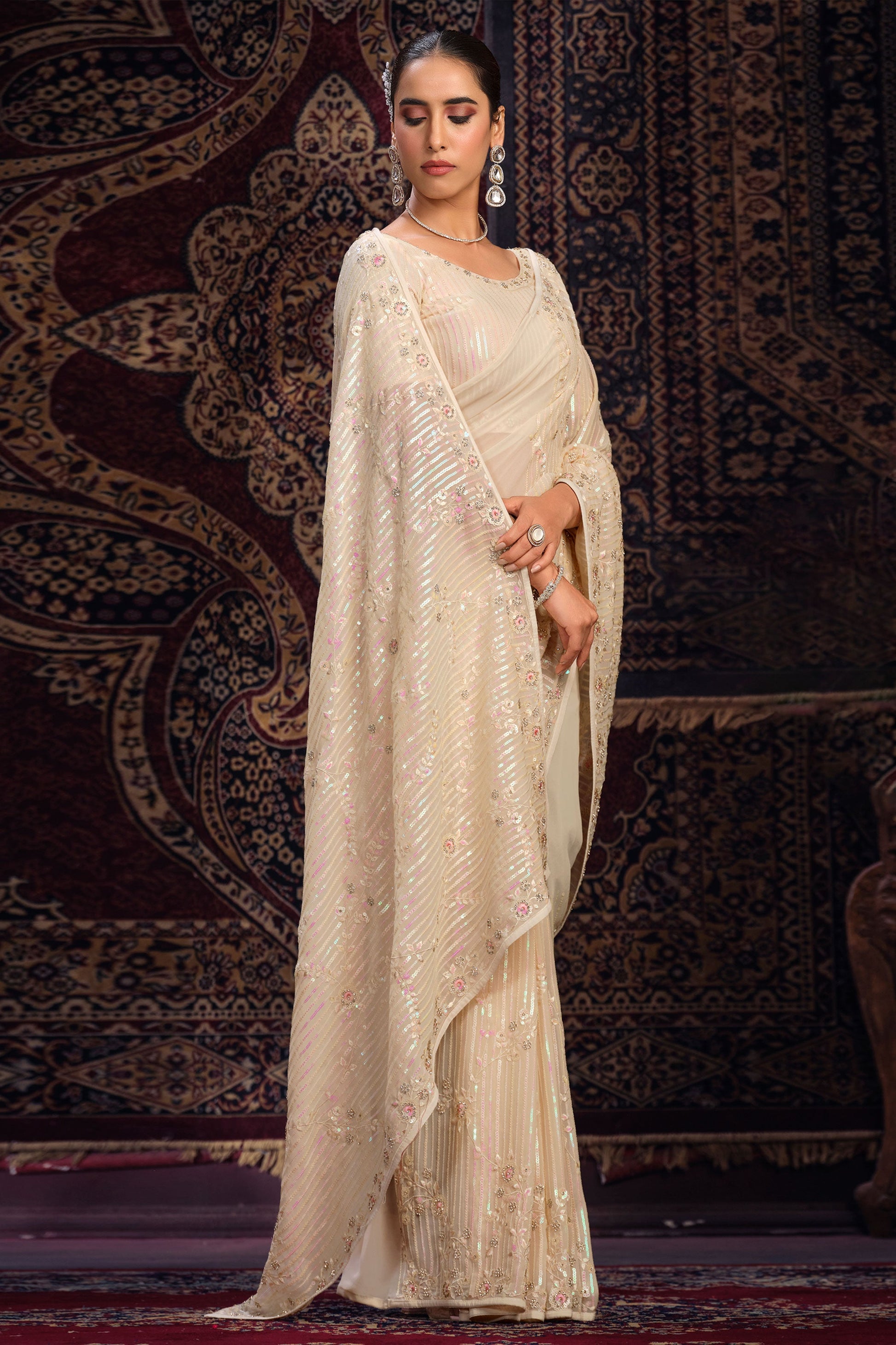 Cream Georgette Sequin Saree-ZB131775_3