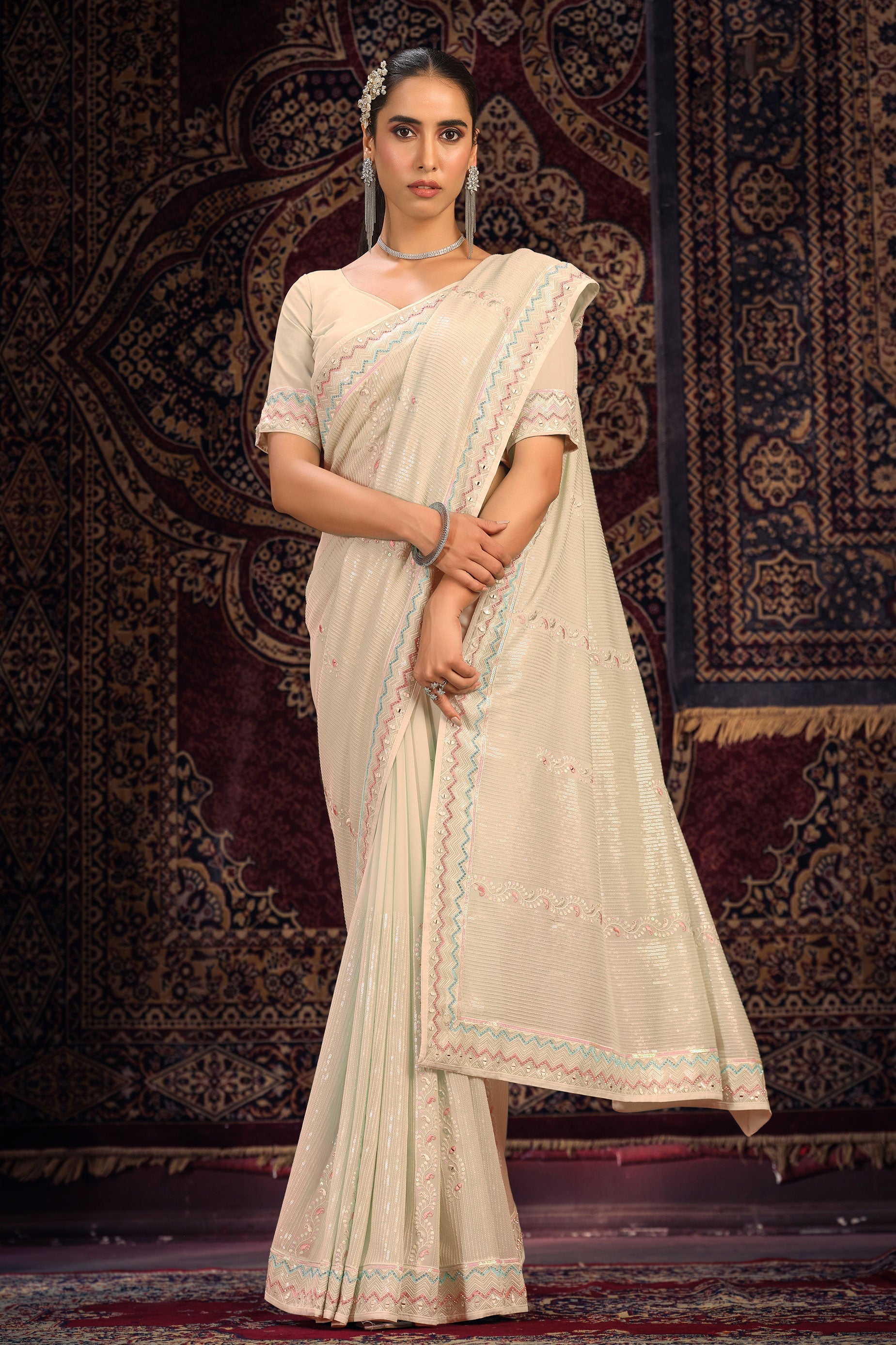 cream-georgette-sequin-saree-zb131782_1_SareeButa.com