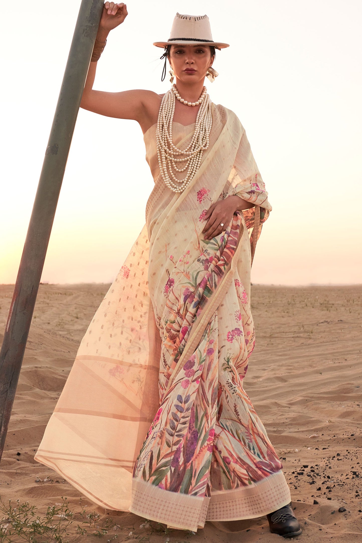 cream-printed-linen-saree-zb131738_2_SareeButa.com