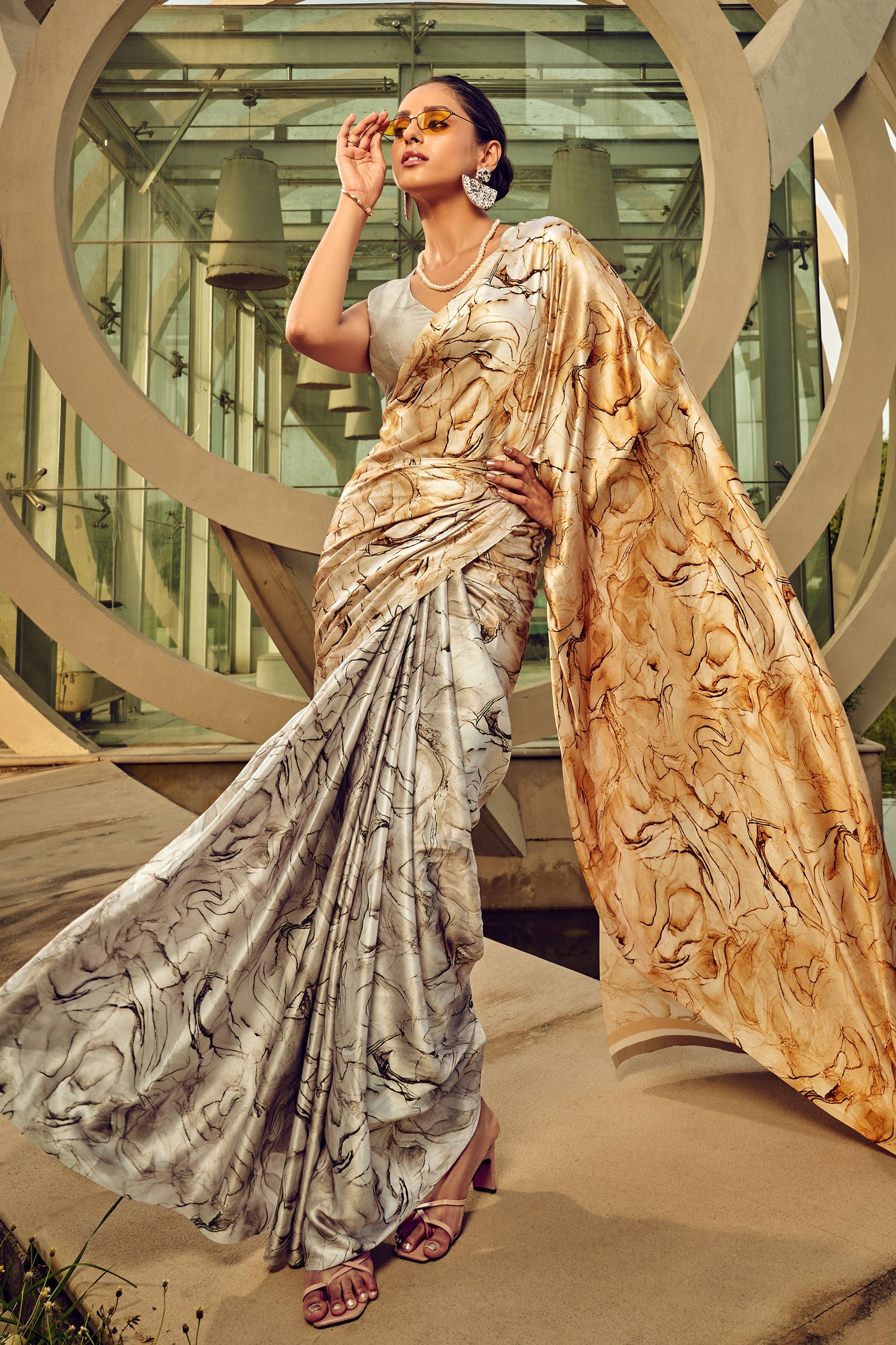 Cream Printed Satin Crepe Saree-ZB130582_1