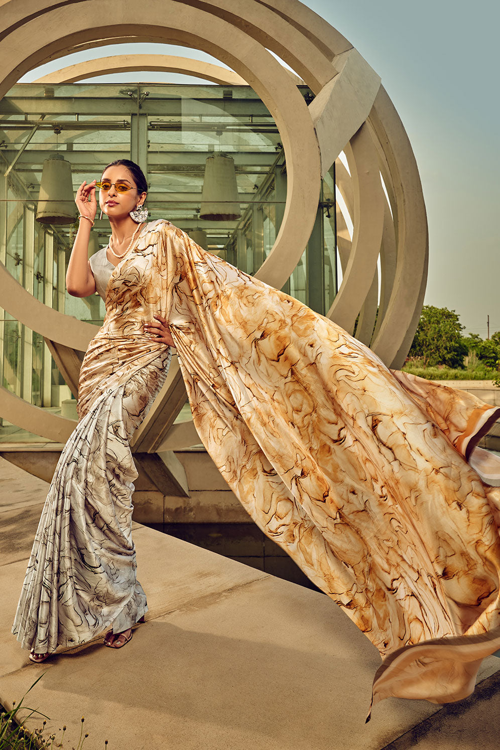 Cream Printed Satin Crepe Saree-ZB130582_2