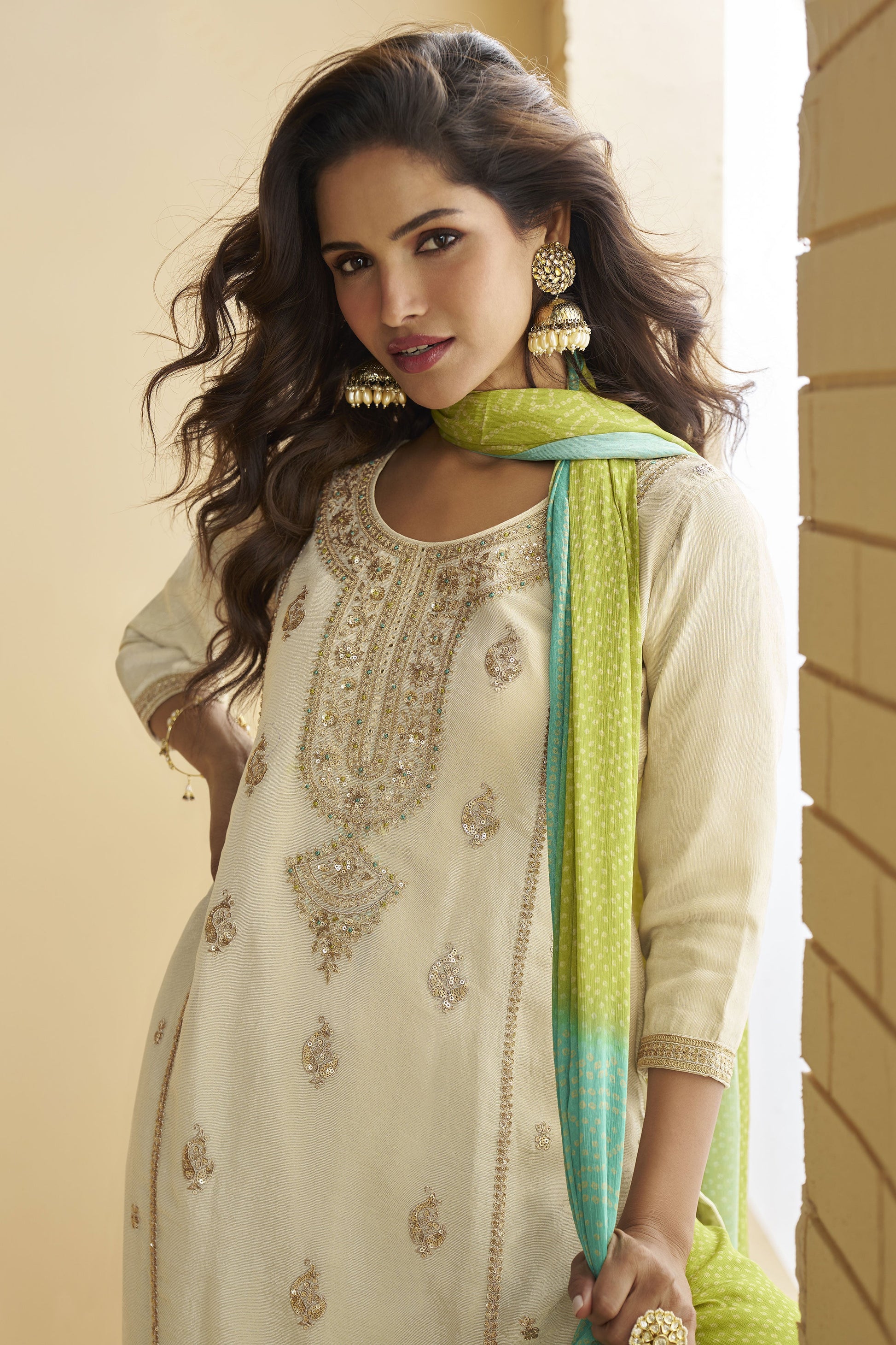 Cream Readymade Chinon Silk Sharara Suit-SS815_3_SareeButa.com