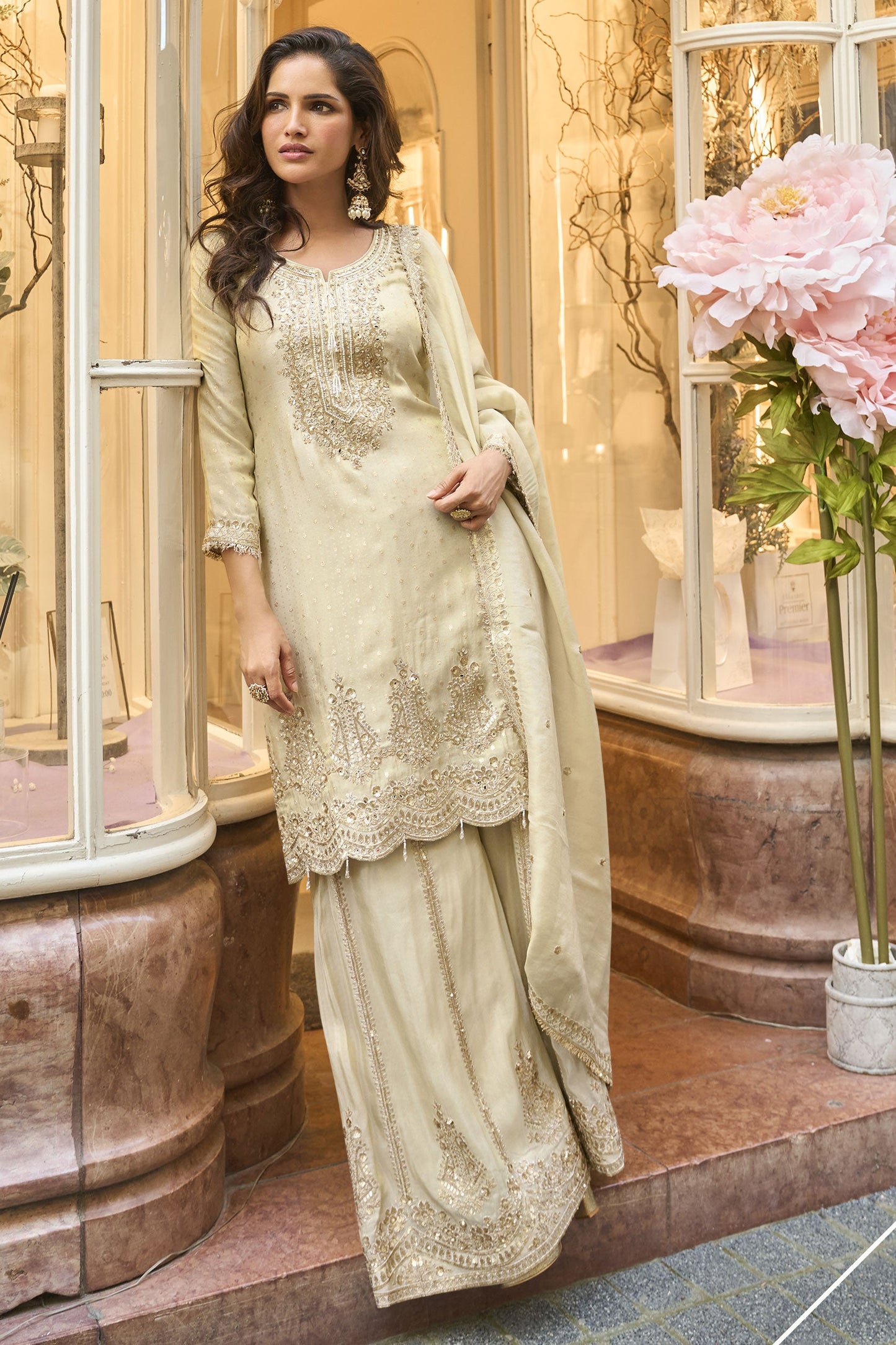Cream Readymade Embroidered Viscose Silk Sharara Suit-SS935_3_SareeButa.com