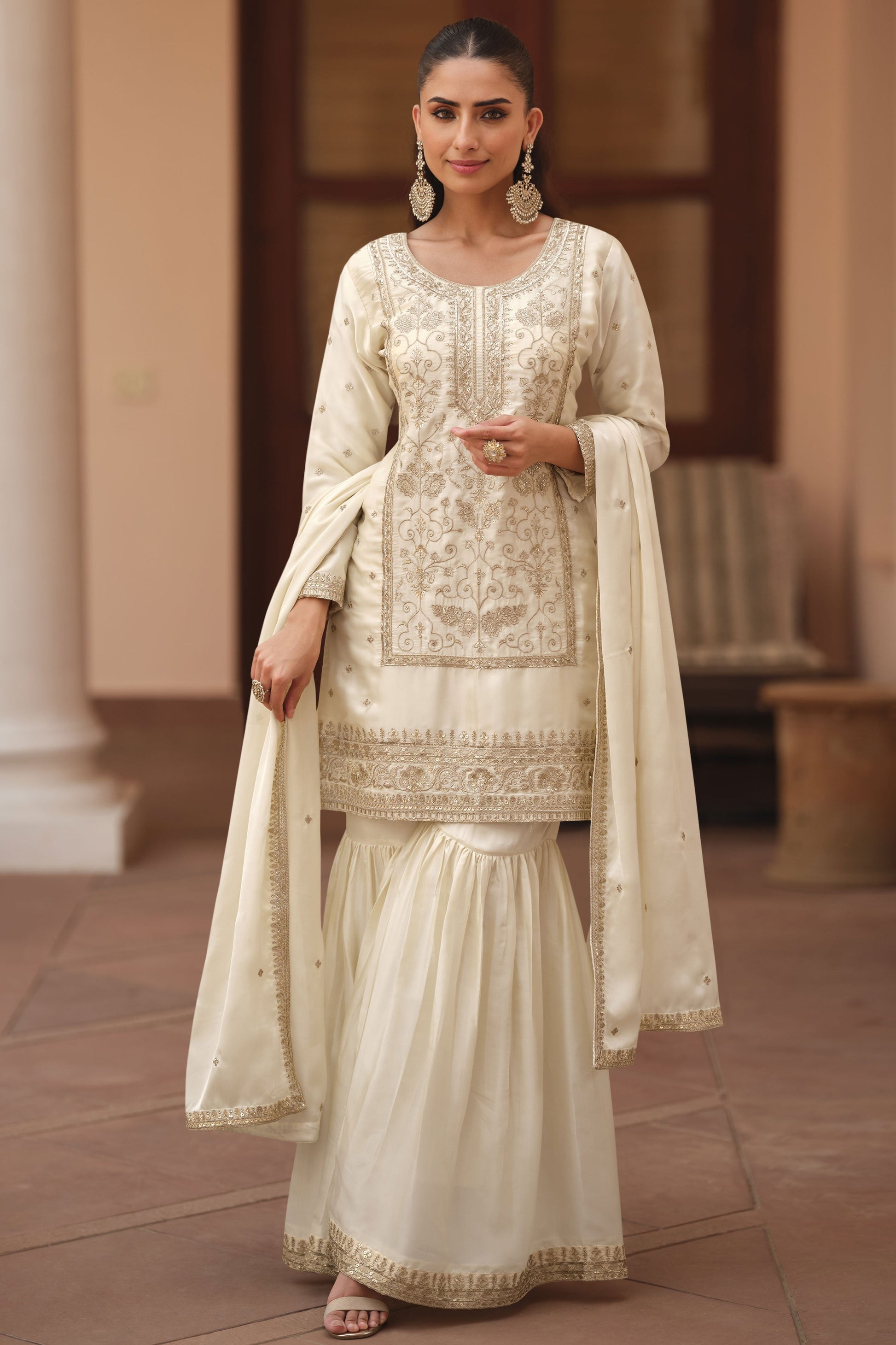 Cream Readymade Satin Silk Sharara Suit-SS844_1_SareeButa.com