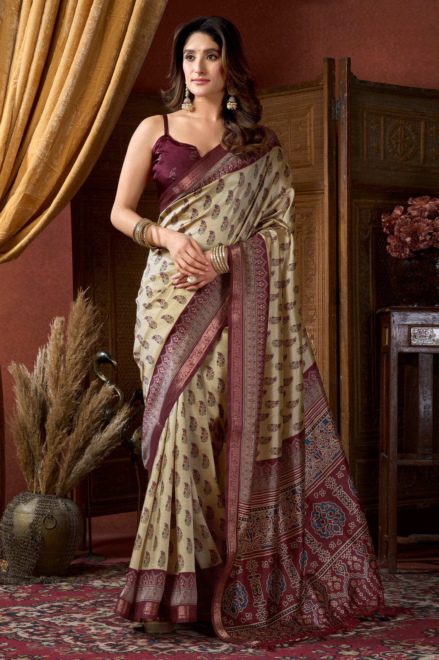Cream Ajarakh Print Silk Saree-SAR12671_1_SareeButa.com