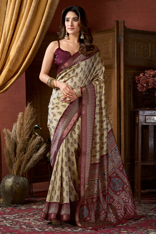 Cream Ajarakh Print Silk Saree-SAR12671_1_SareeButa.com