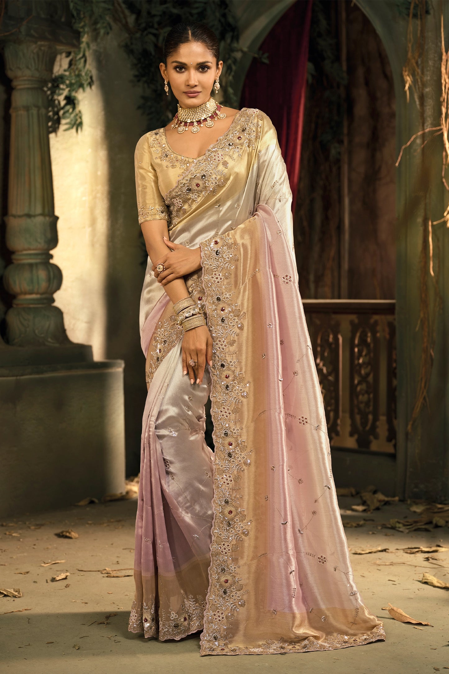 Cream And Pink Embroidered Silk Saree-SAR12038_1_SareeButa.com