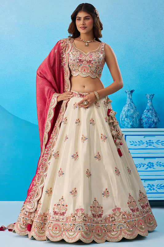 Cream And Pink Readymade Embroidered Tissue Lehenga-SAR12879_1_SareeButa.com