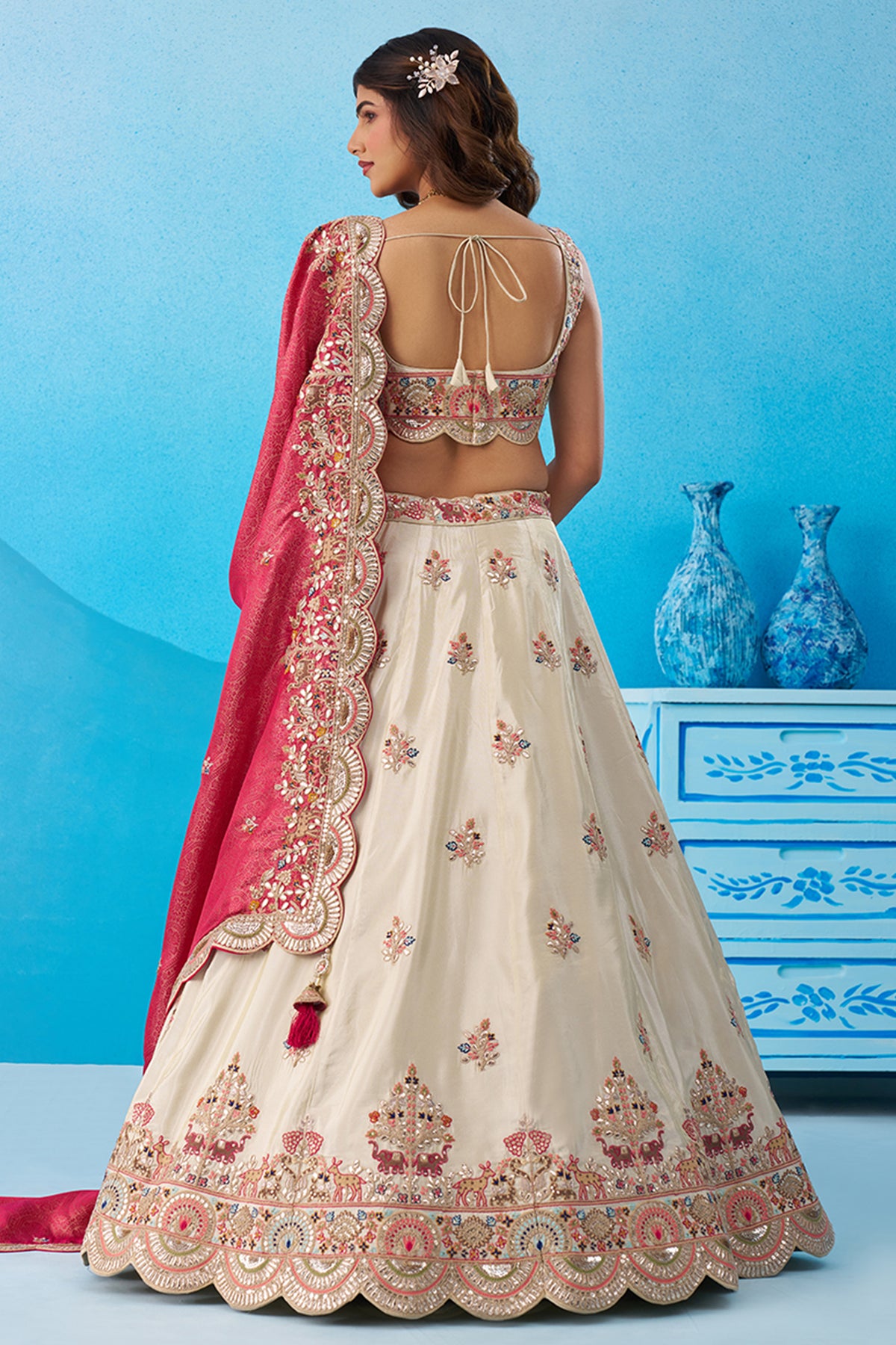 Cream And Pink Readymade Embroidered Tissue Lehenga-SAR12879_3_SareeButa.com