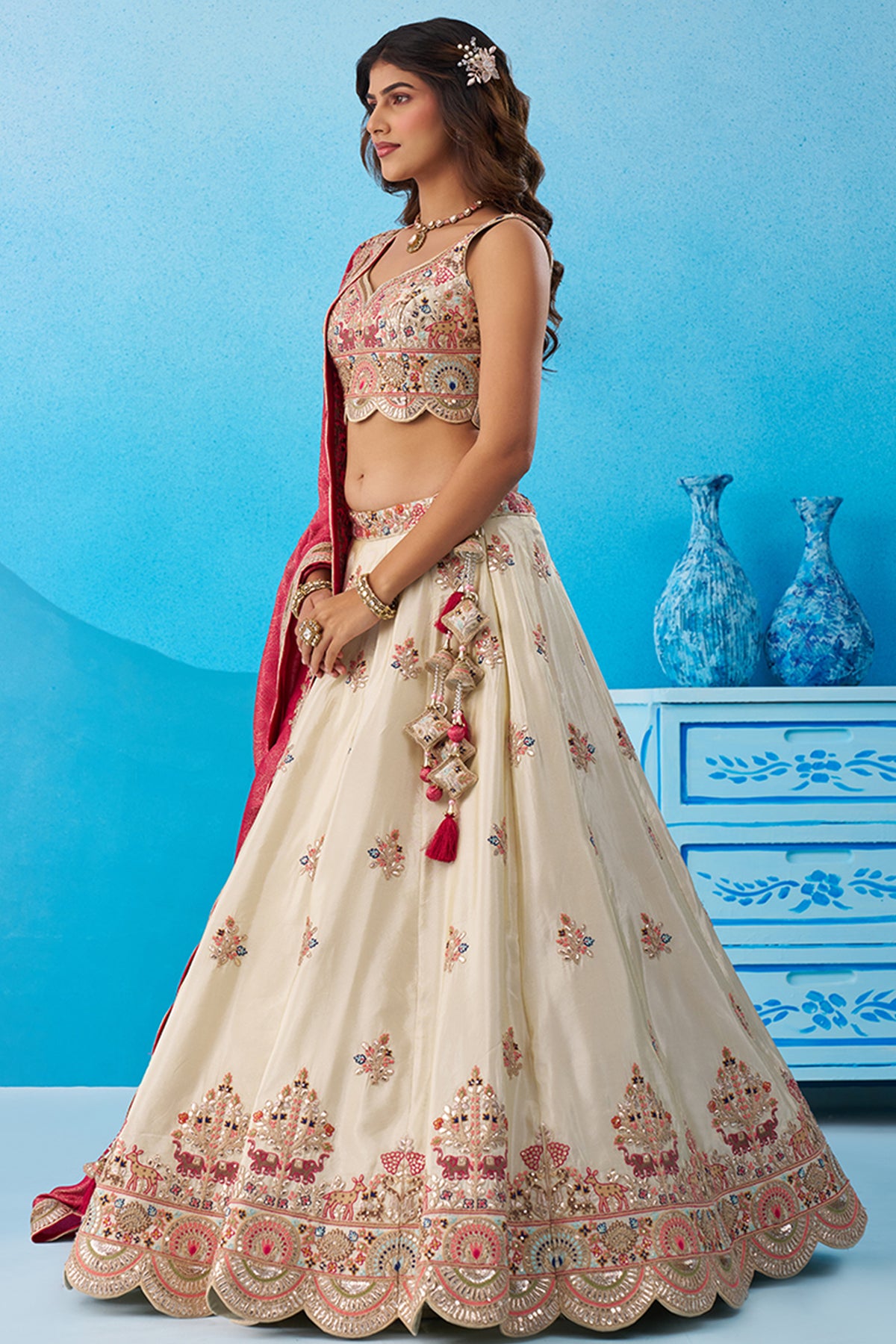 Cream And Pink Readymade Embroidered Tissue Lehenga-SAR12879_4_SareeButa.com