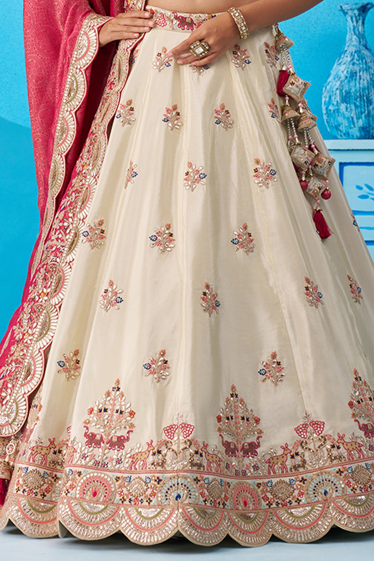 Cream And Pink Readymade Embroidered Tissue Lehenga-SAR12879_6_SareeButa.com