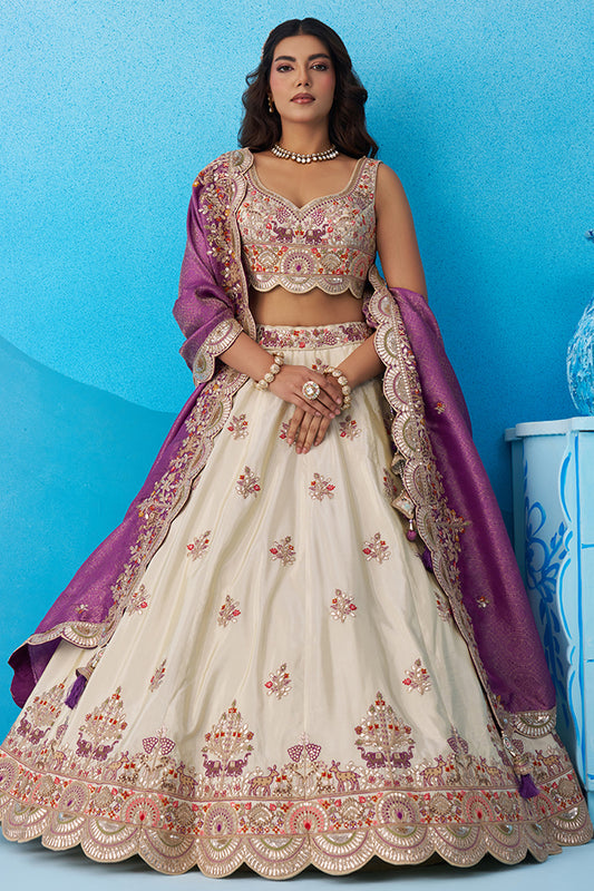Cream And Purple Readymade Embroidered Tissue Lehenga-SAR12878_1_SareeButa.com
