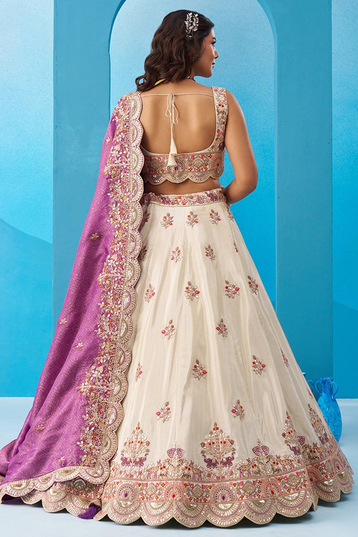 Cream And Purple Readymade Embroidered Tissue Lehenga-SAR12878_3_SareeButa.com