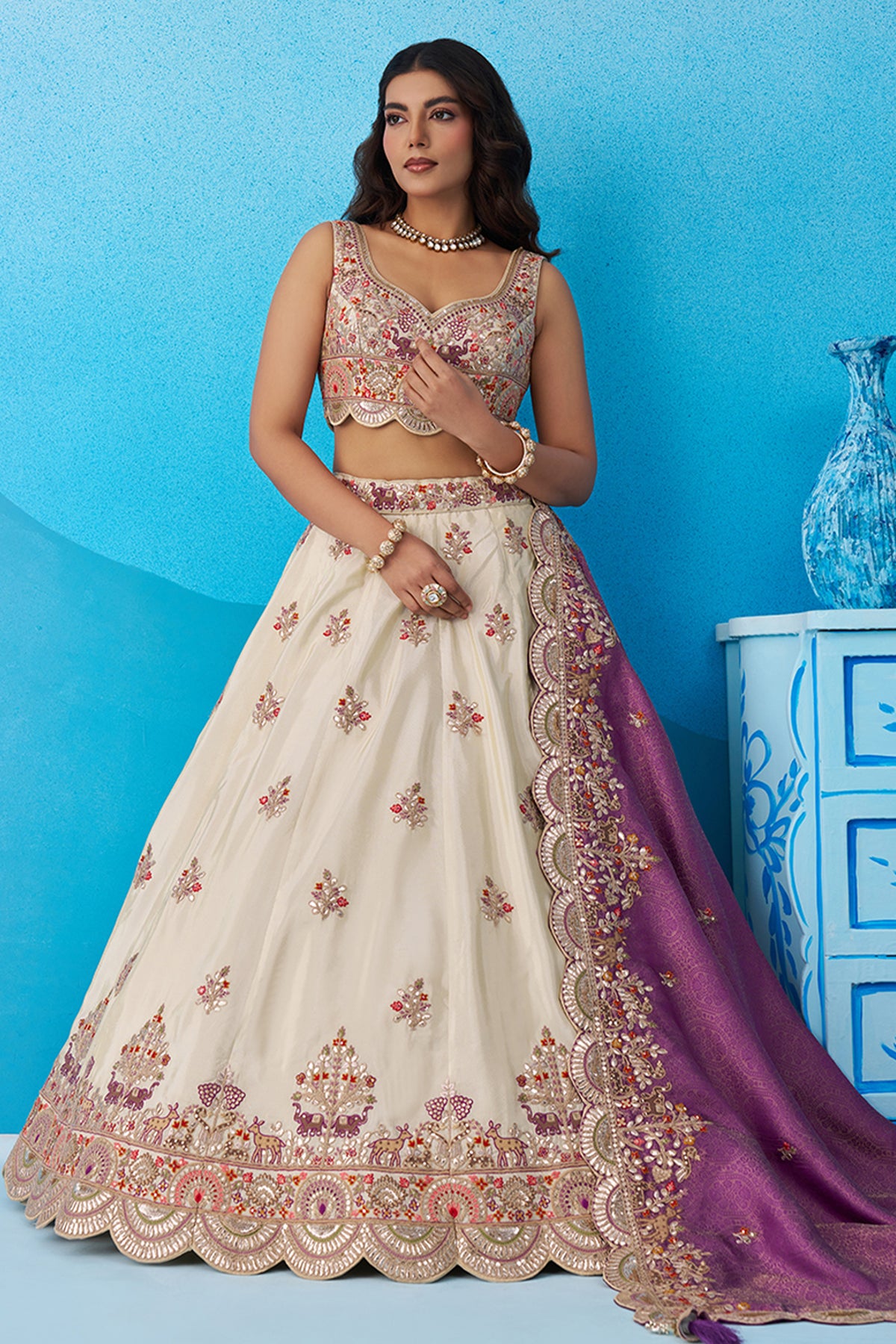 Cream And Purple Readymade Embroidered Tissue Lehenga-SAR12878_5_SareeButa.com