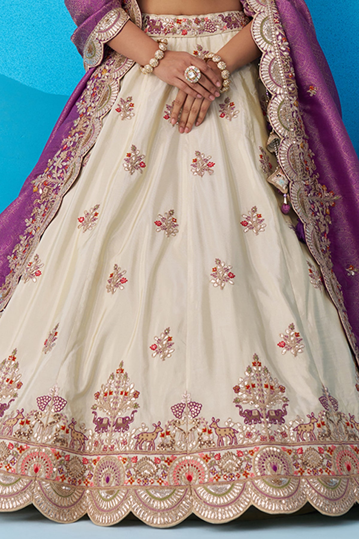 Cream And Purple Readymade Embroidered Tissue Lehenga-SAR12878_6_SareeButa.com