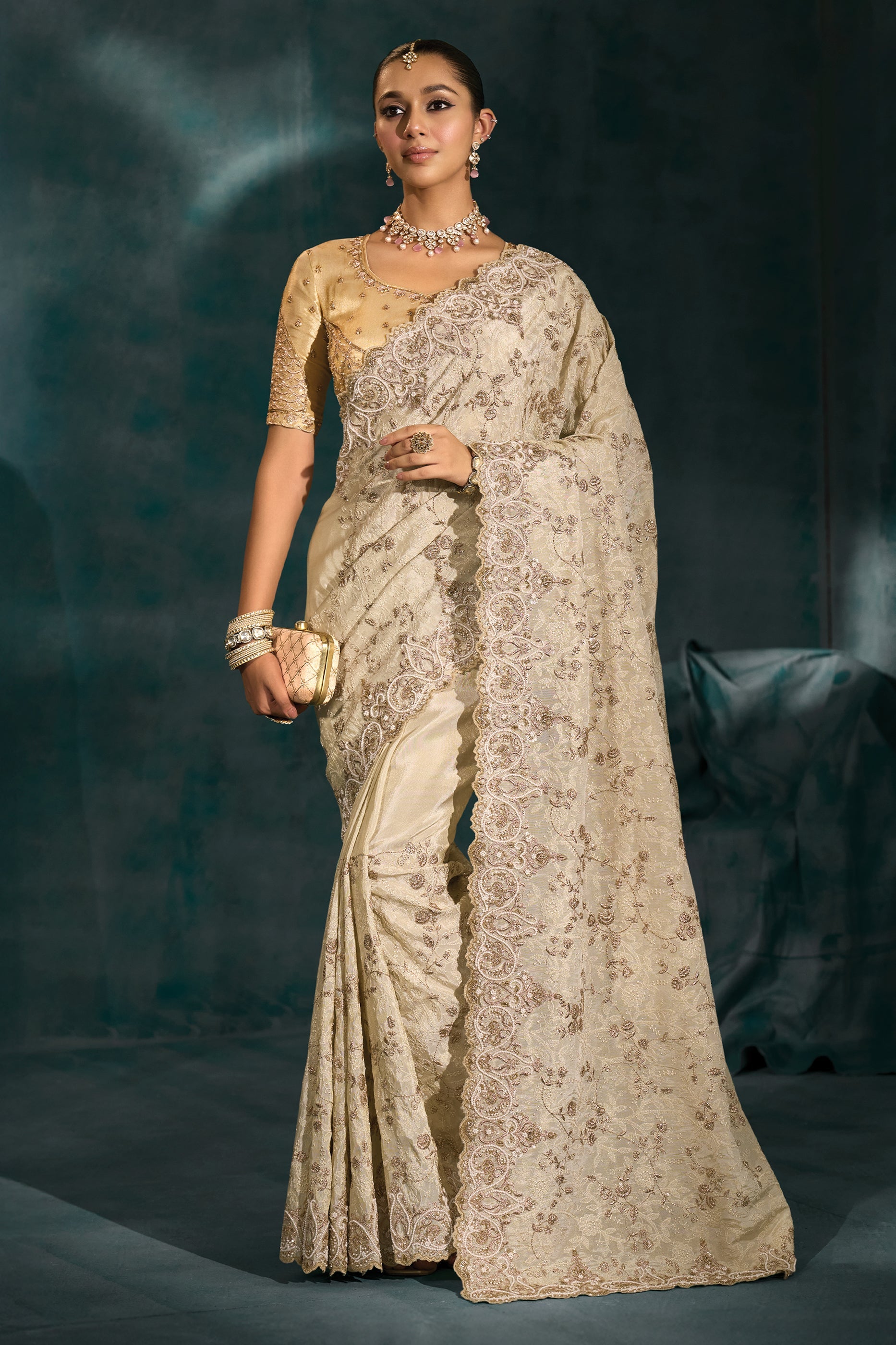 Cream Embroidered Banarasi Silk Saree-SAR10400_1_SareeButa.com