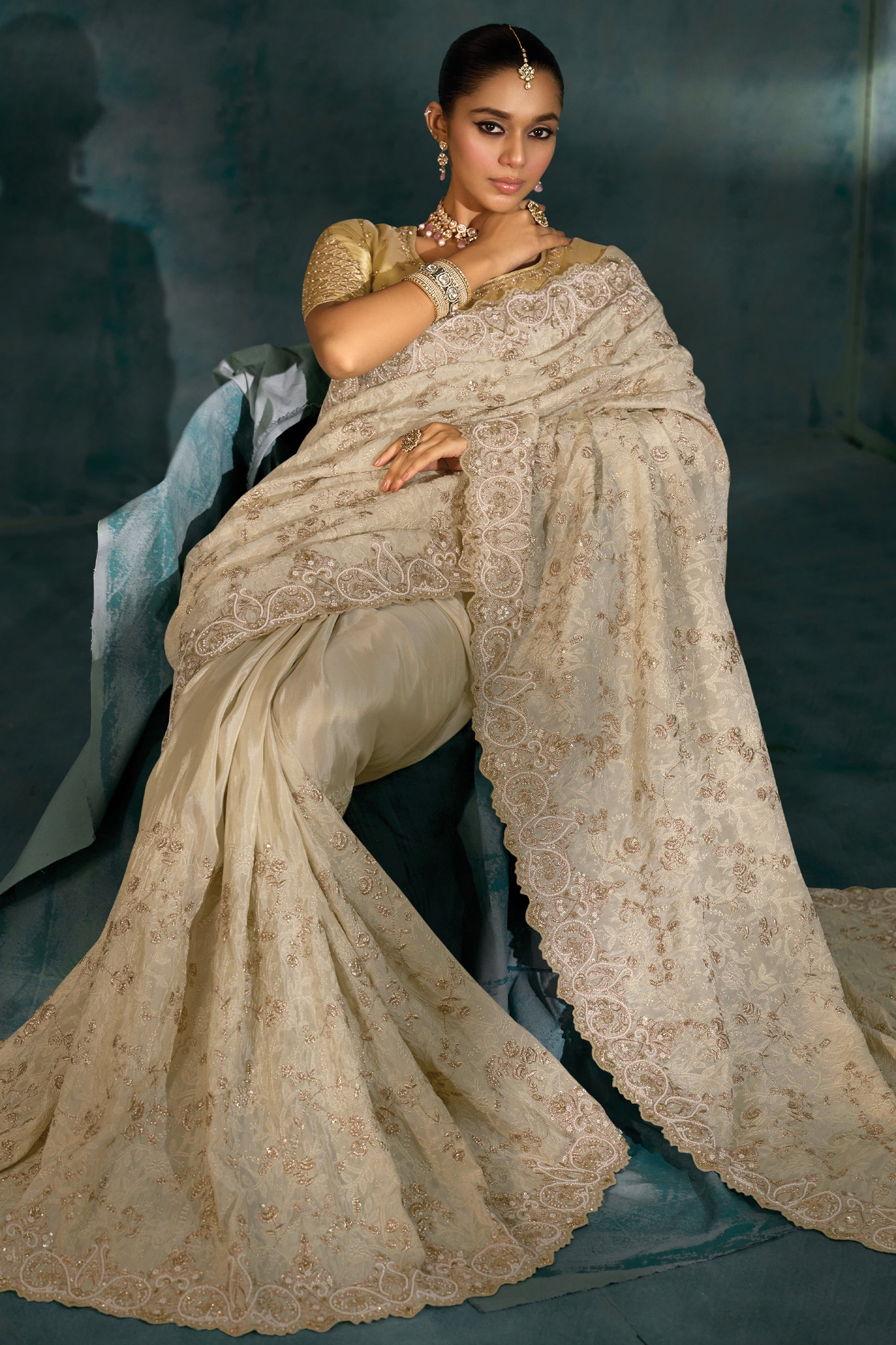 Cream Embroidered Banarasi Silk Saree-SAR10400_3_SareeButa.com