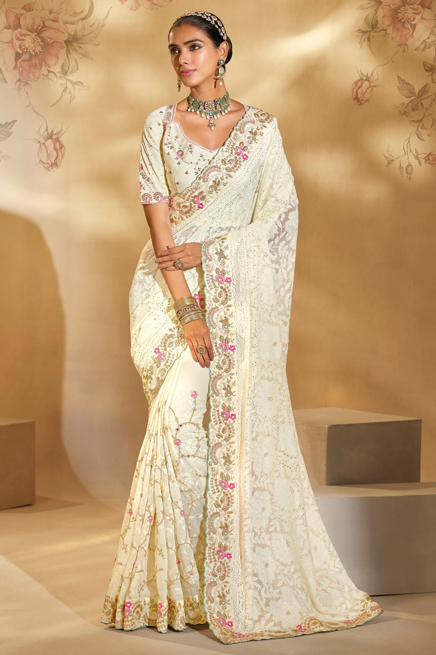 Cream Embroidered Georgette Saree-SAR10614_1_SareeButa.com