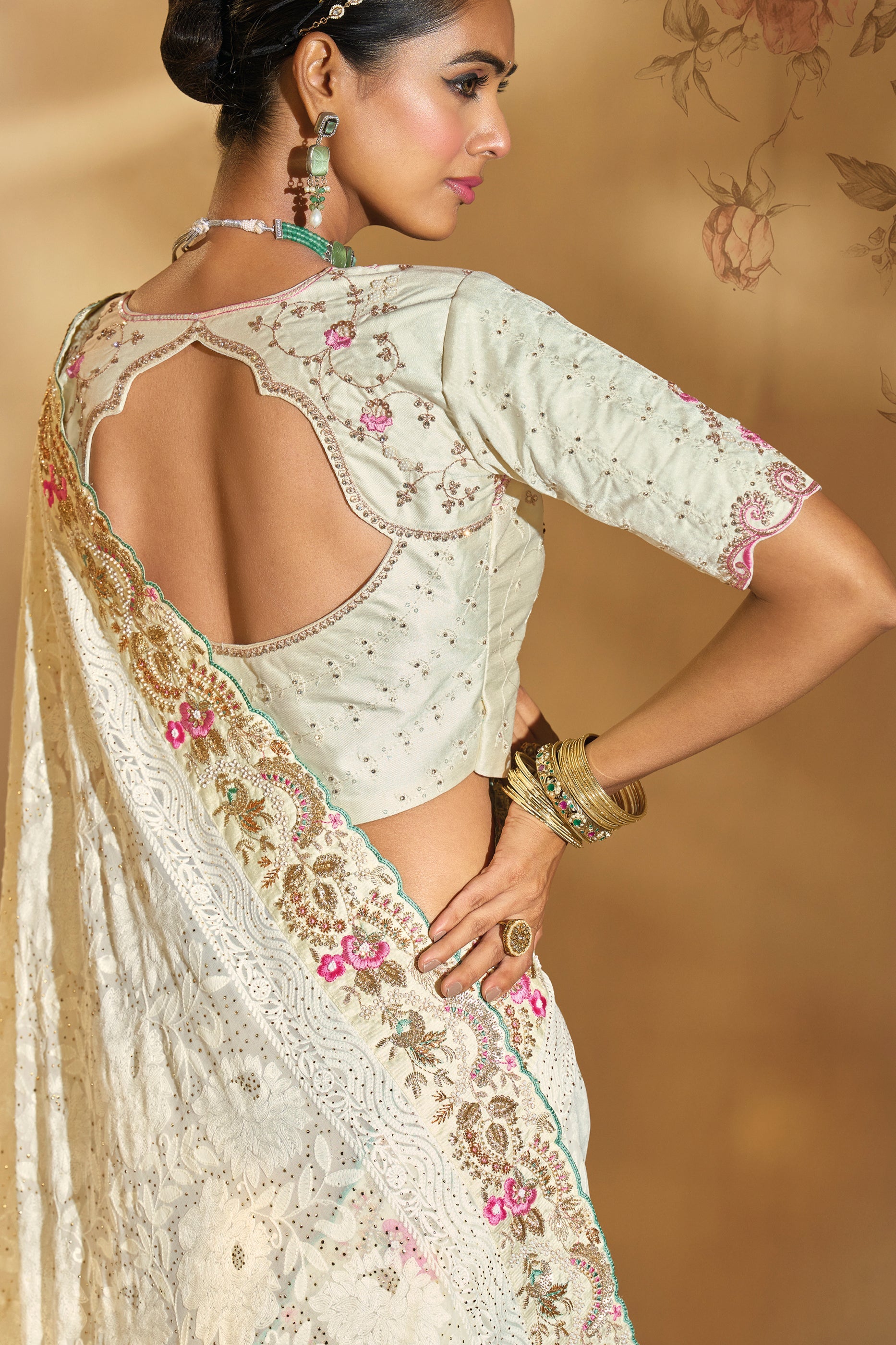 Cream Embroidered Georgette Saree-SAR10614_2_SareeButa.com