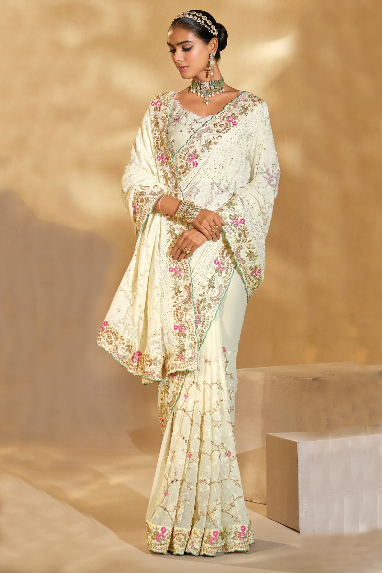 Cream Embroidered Georgette Saree-SAR10614_3_SareeButa.com