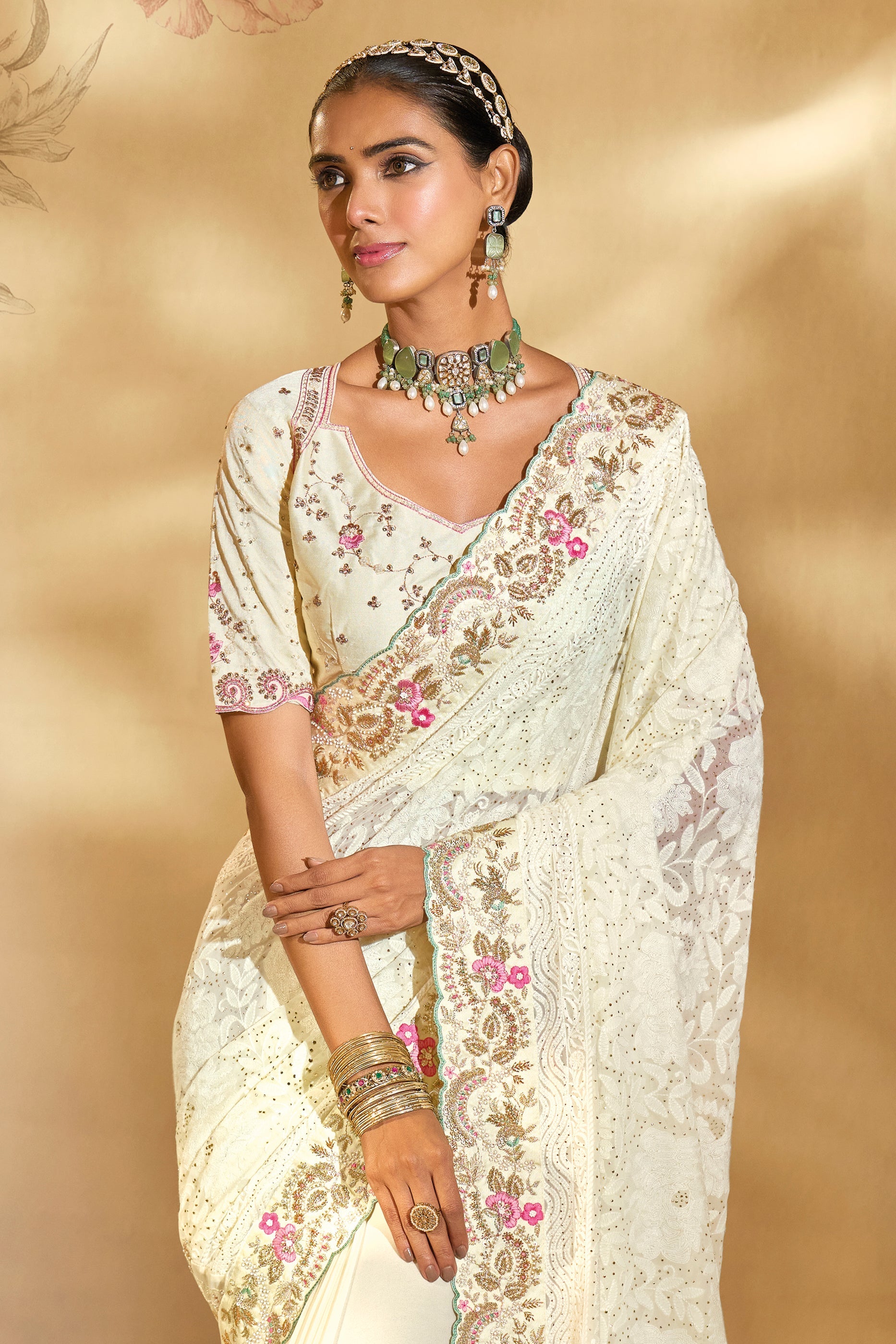 Cream Embroidered Georgette Saree-SAR10614_4_SareeButa.com